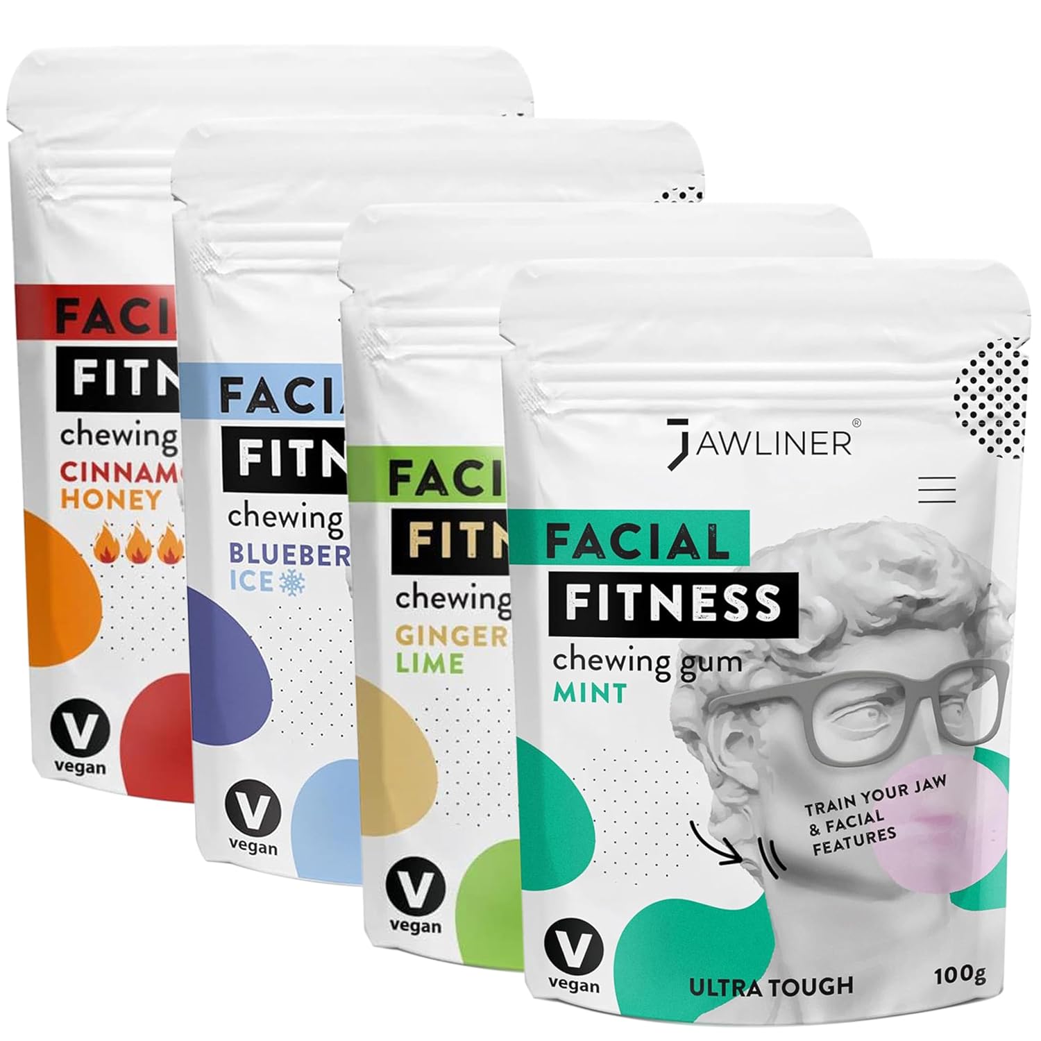 Jawliner Fitness Chewing Gum 15X Harder Jawline Gum Sugar Free Mint, Ginger Lime, Blueberry and Cinnamon Honey Jaw Gum Includes 12 Weeks Coaching for Shaping the Jaw (8 Months Pack of 4 Flavor)