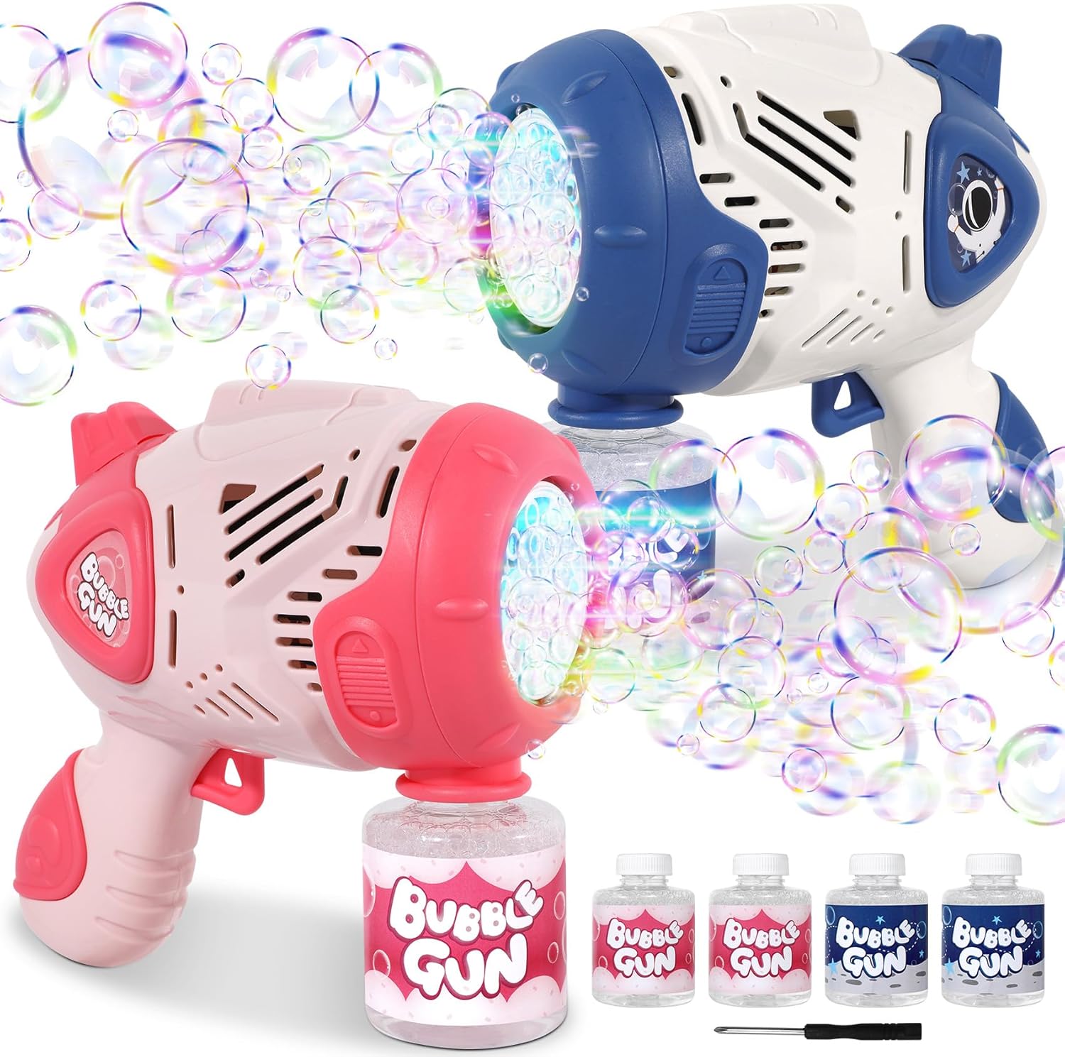 Roberly 2 Pack Bubble Gun for Kids Ages 4-8, 20 Holes Bubble Machine Blaster with 4 Bottles Refill Solution LED Light, Summer Outdoor Toy Wedding Kids Birthday Party Favor Gifts Basket Stuffers