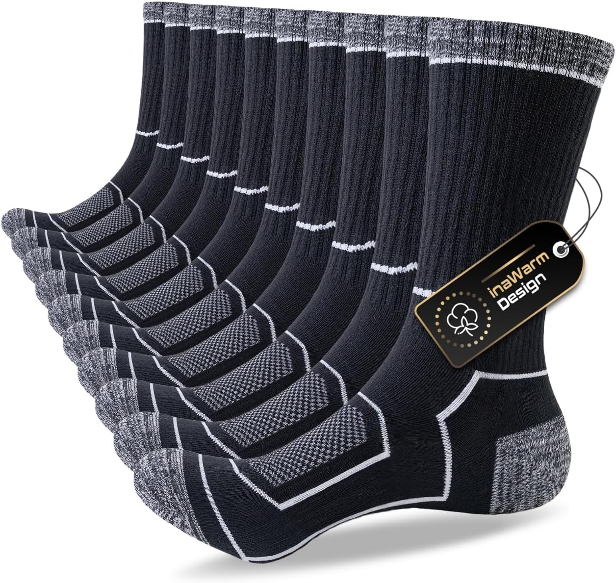 inaWarm Mens Socks, Breathable and Moisture Wicking Outdoor Performance Hiking Socks, Thick Cushioned Anti-Blister Crew Sock for Athletic, Work, Sports, Trekking, Walking, 5 Pairs