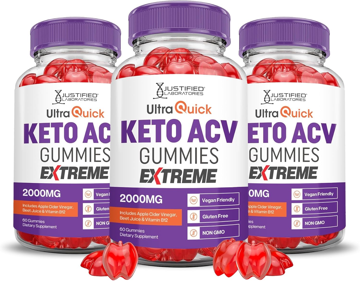 Justified Laboratories (3 Pack Ultra Quick Keto ACV Gummies Extreme 2000MG Ultraquick Keto Gummies Apple Cider Vinegar Formulated with Pomegranate Beet Juice Powder B12 Vegan Non GMO 180 Gummys