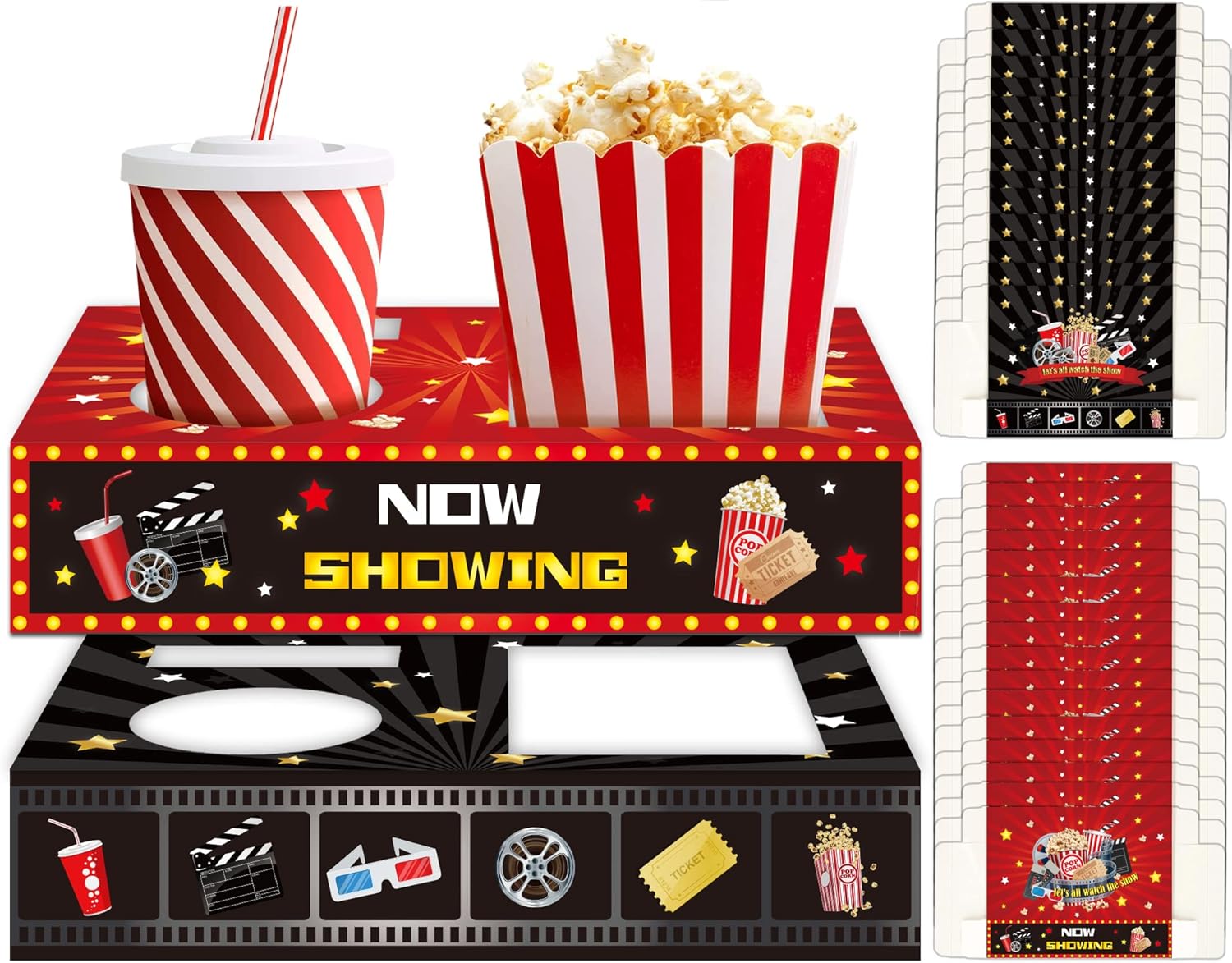 OBUSATT 32Pcs Movie Night Snack Trays Hold Popcorn Candy Food Drink, Movie Theater Popcorn Holder Disposable Movie Boxes Supplies for Kid's Birthday Party Concession Stand Carpet Family