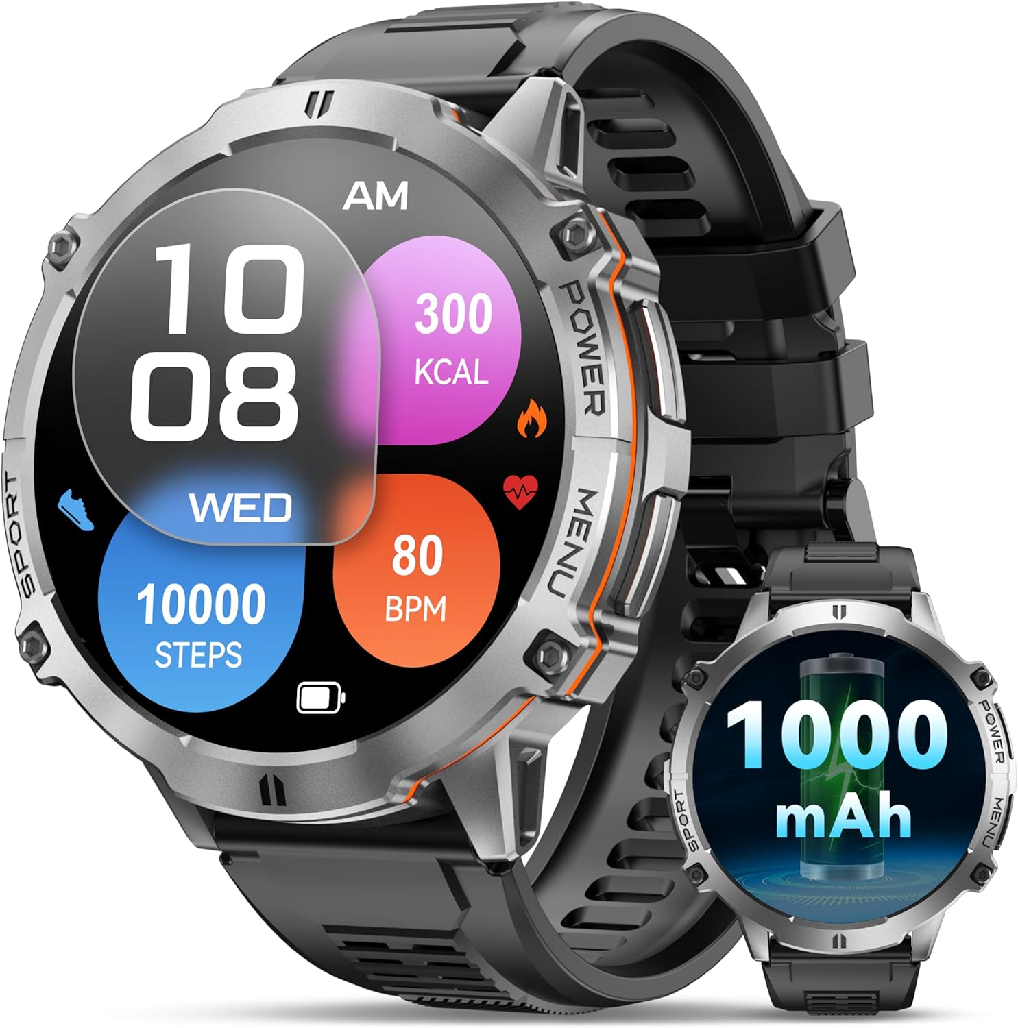 OUKITEL Military Smart Watch for Men Answer/Make Calls, 1.73" AMOLED Fitness Watch with 1000mAh Battery/IP68 Waterproof/Heart Rate/Blood Oxygen/Compass, 100+ Sport Modes Smartwatch for IOS Android