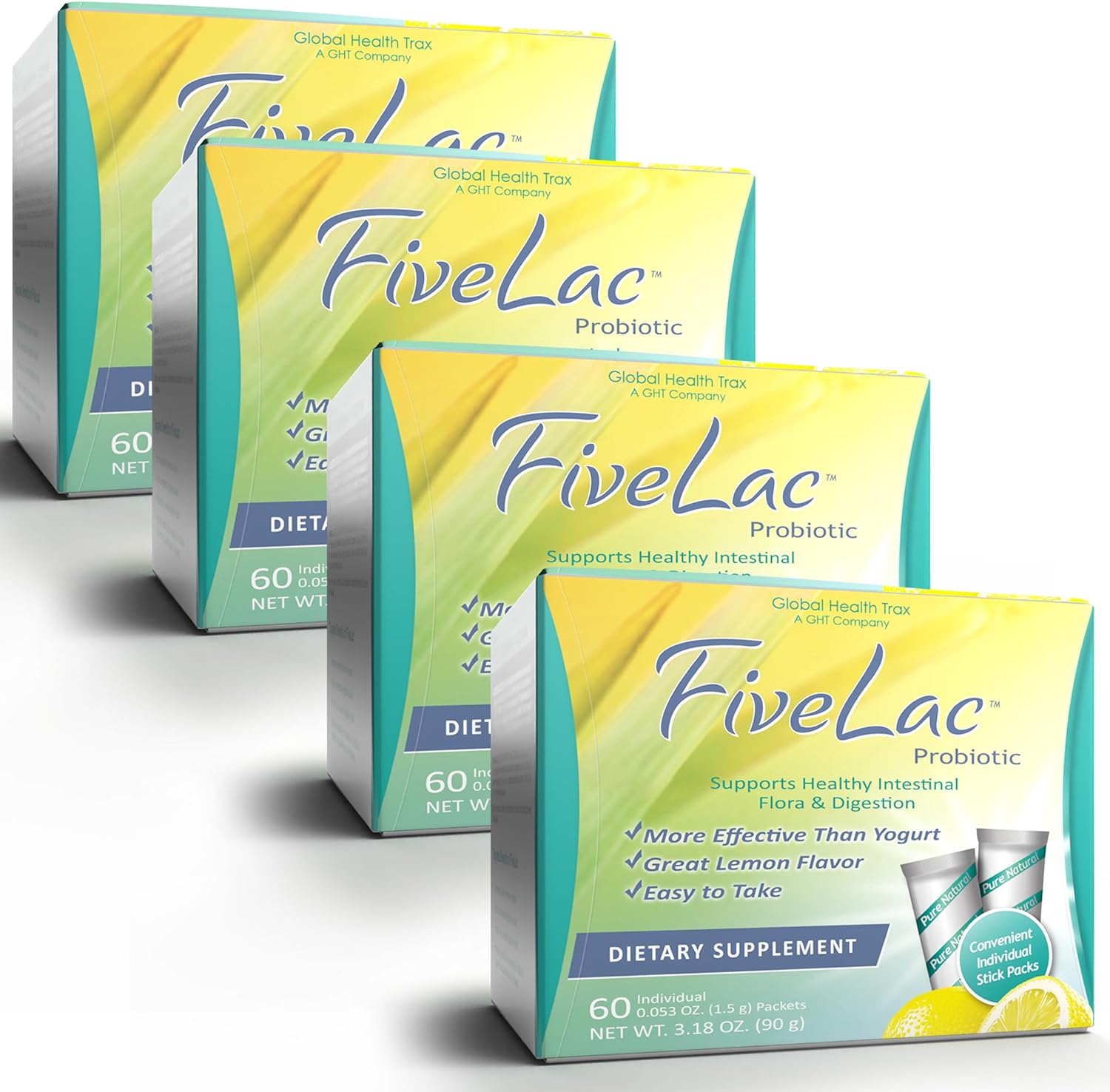 Global Health Trax GHT - FiveLac Lemon Probiotic Powder Drink Mix, Probiotics for Women, Men, Kids - Smooth Digestive Support & Elimination – Relieves Constipation & Gas - 60 Packets (4 Pack) Non-GMO