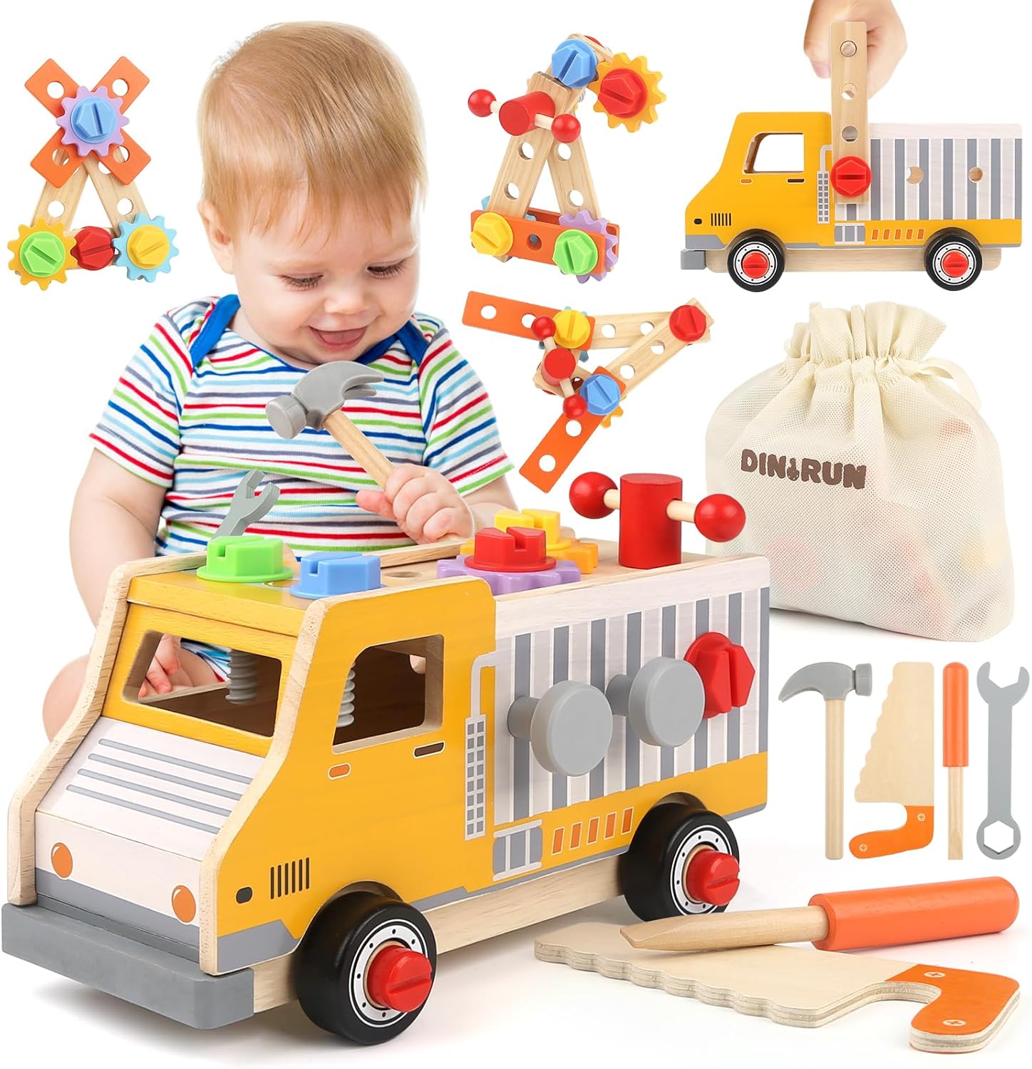 DINORUN Kids Tool Set Montessori Wooden Toys for 2 3 4 5 Year Olds Boys Girls Kids Tools Role Play Toddler Toys (47Pcs)