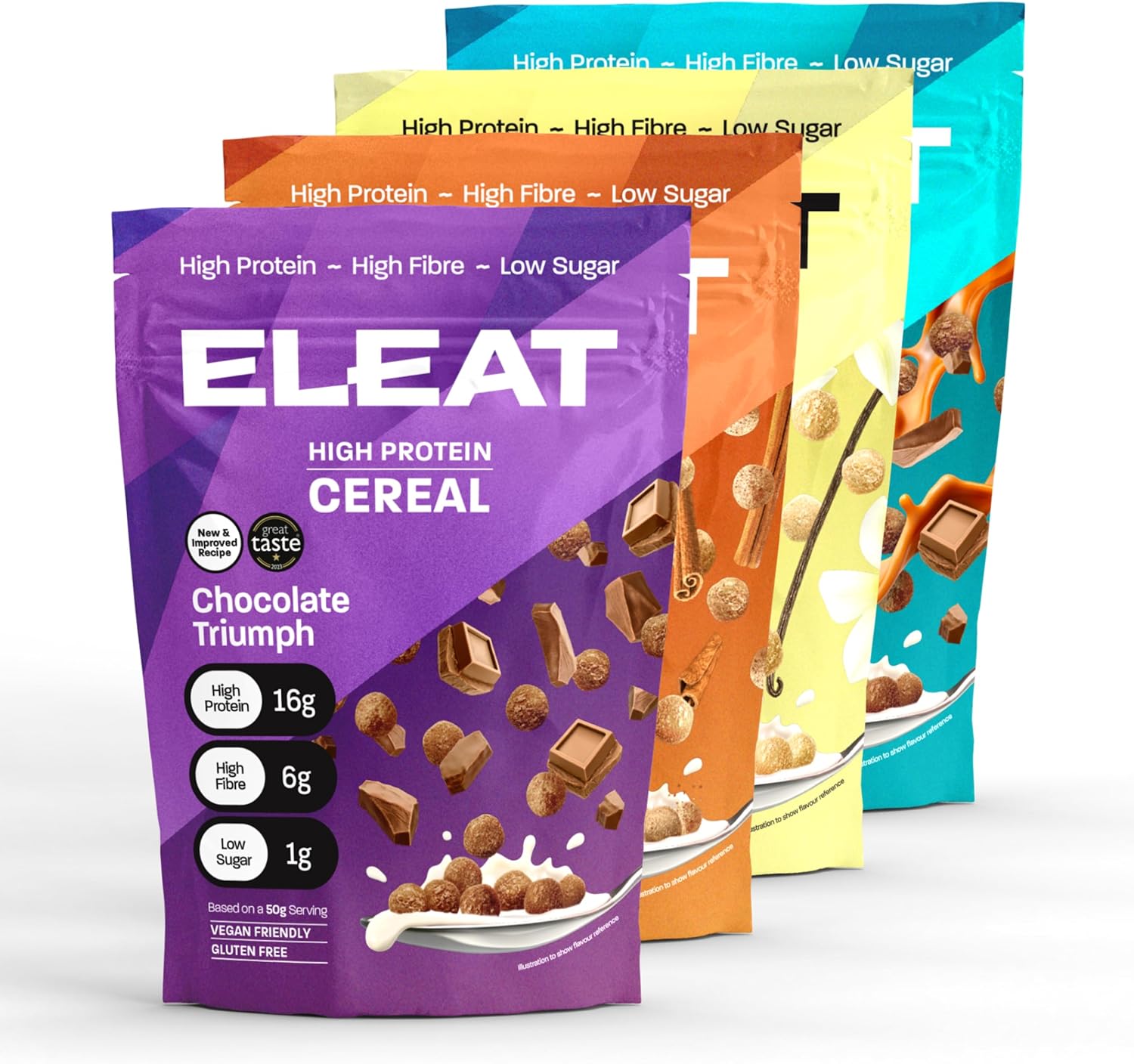 ELEAT | High Protein Cereal | 4 Flavour Variety Pack | Low Sugar Cereals | High Fibre Cereal | Supports Your Gut Health | 4 x 250g Variety Pack