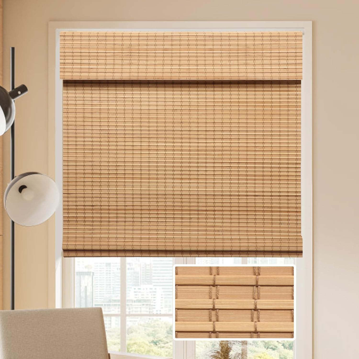 LUCKUP Cordless Bamboo Roman Blinds Shades for Indoor Windows-Blackout Room Darkening Roman Blinds with 6" Valance Cover Enhanced Privacy, 32" W x 64" H