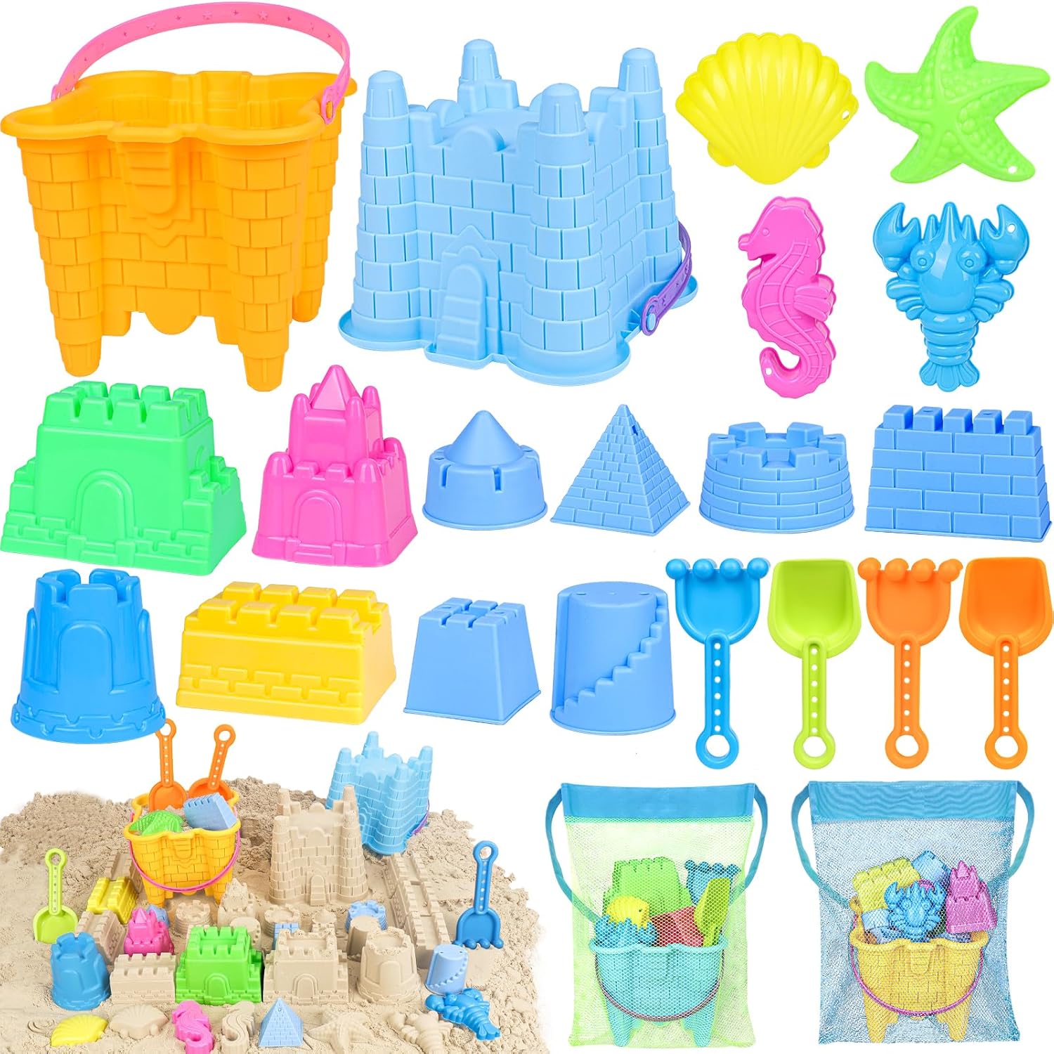 Beach Toys for Toddlers, Sand Castle Toys with 2 Sand Bucket, 2 Mesh Bag, 4 Sand Shovels & Sand Molds, Travel Sand Toys for Beach Sandbox Toys for Toddlers Kids Baby Boys Girls Age 3-10