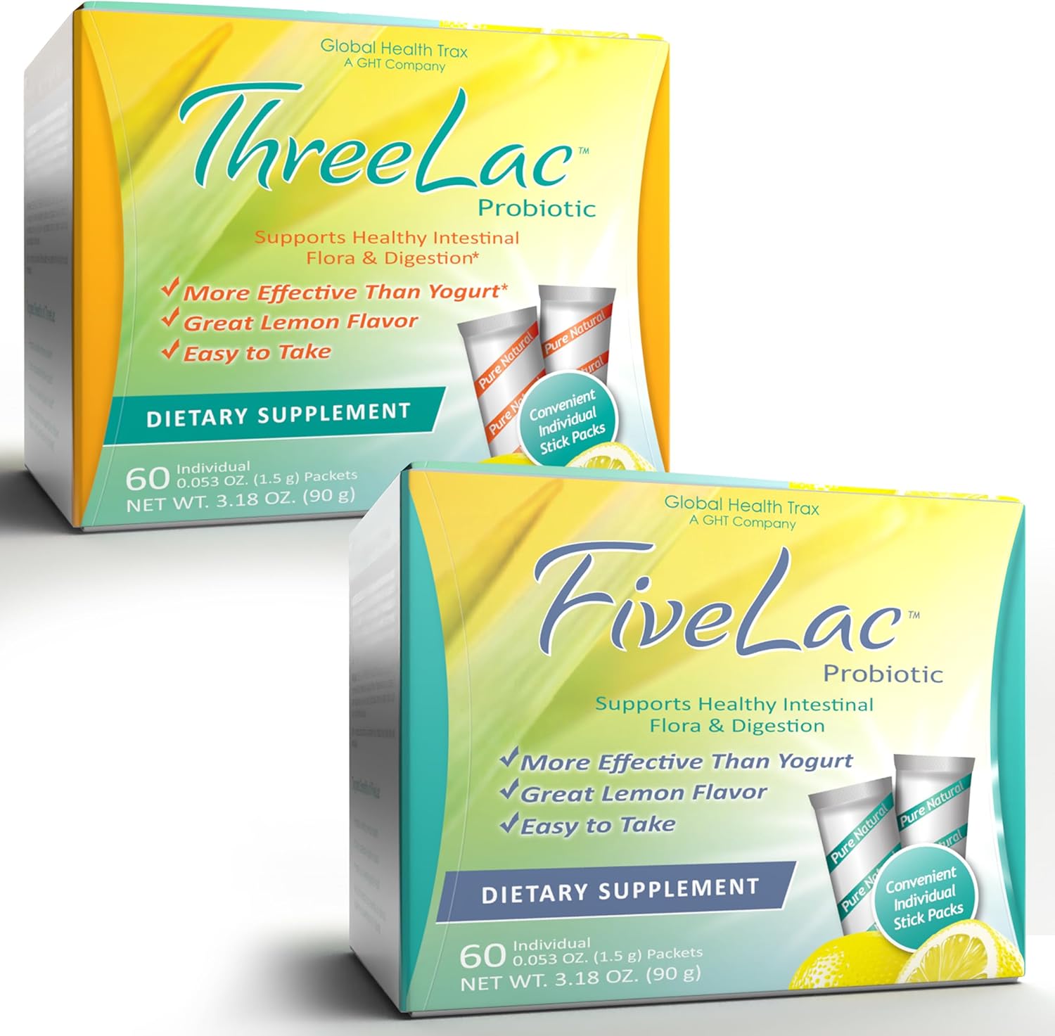 Global Health Trax GHT - FiveLac + Threelac Lemon Probiotic Powder Drink Mix, Probiotics for Women, Men, Kids, Smooth Digestive Support & Elimination, Relieves Constipation & Gas - 60 Packets, Non-GMO