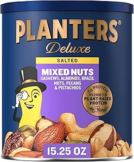 PLANTERS Deluxe Salted Mixed Nuts, Roasted Cashews, Almonds, Brazil Nuts, Pistachios, and Pecans, Party Snacks, Plant-Based Protein, Quick Snack for Adults, After School Snack, 15.25oz Canister