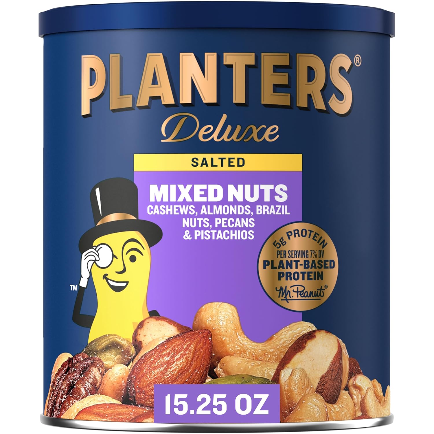 PLANTERS Deluxe Salted Mixed Nuts, Roasted Cashews, Almonds, Brazil Nuts, Pistachios, and Pecans, Party Snacks, Plant-Based Protein, Quick Snack for Adults, After School Snack, 15.25oz Canister