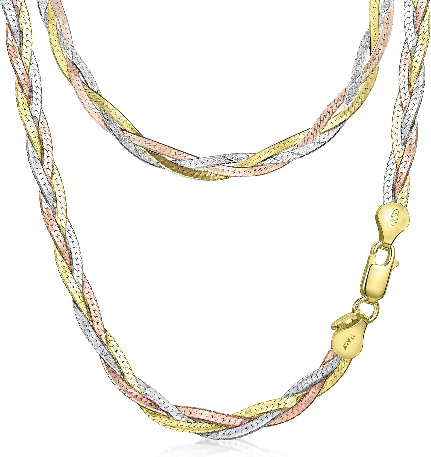 Amberta Women's 925 Sterling Silver Braided Herringbone Chain Necklace (Length 18 inch)