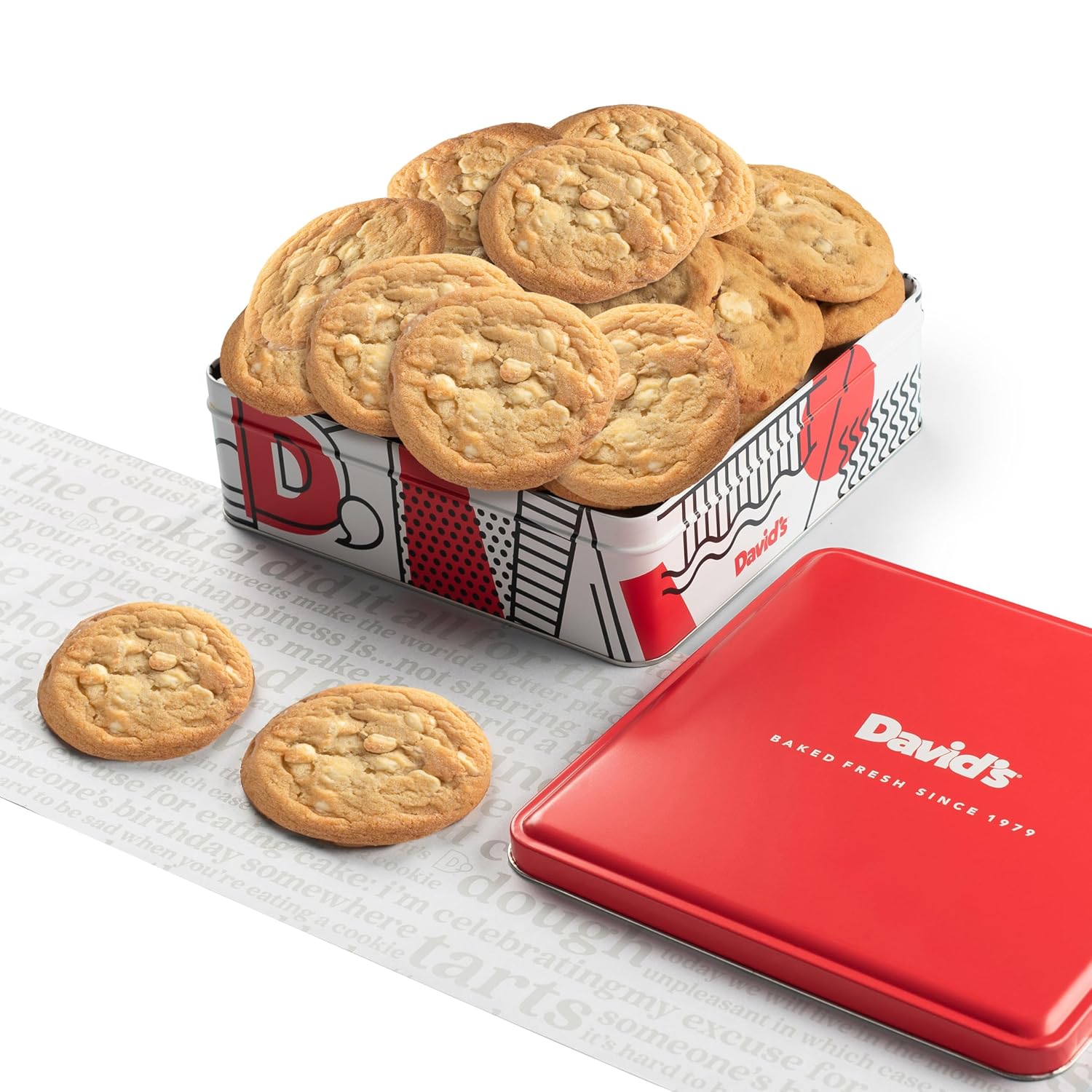 David’s Cookies Fresh Baked Macadamia Nut Cookies Gift Basket – 1lb Soft & Chewy White Chocolate Macadamia Cookies – Gourmet Bakery Dessert Gift Tin for Birthday, Holiday, Thank You & Corporate Gifts
