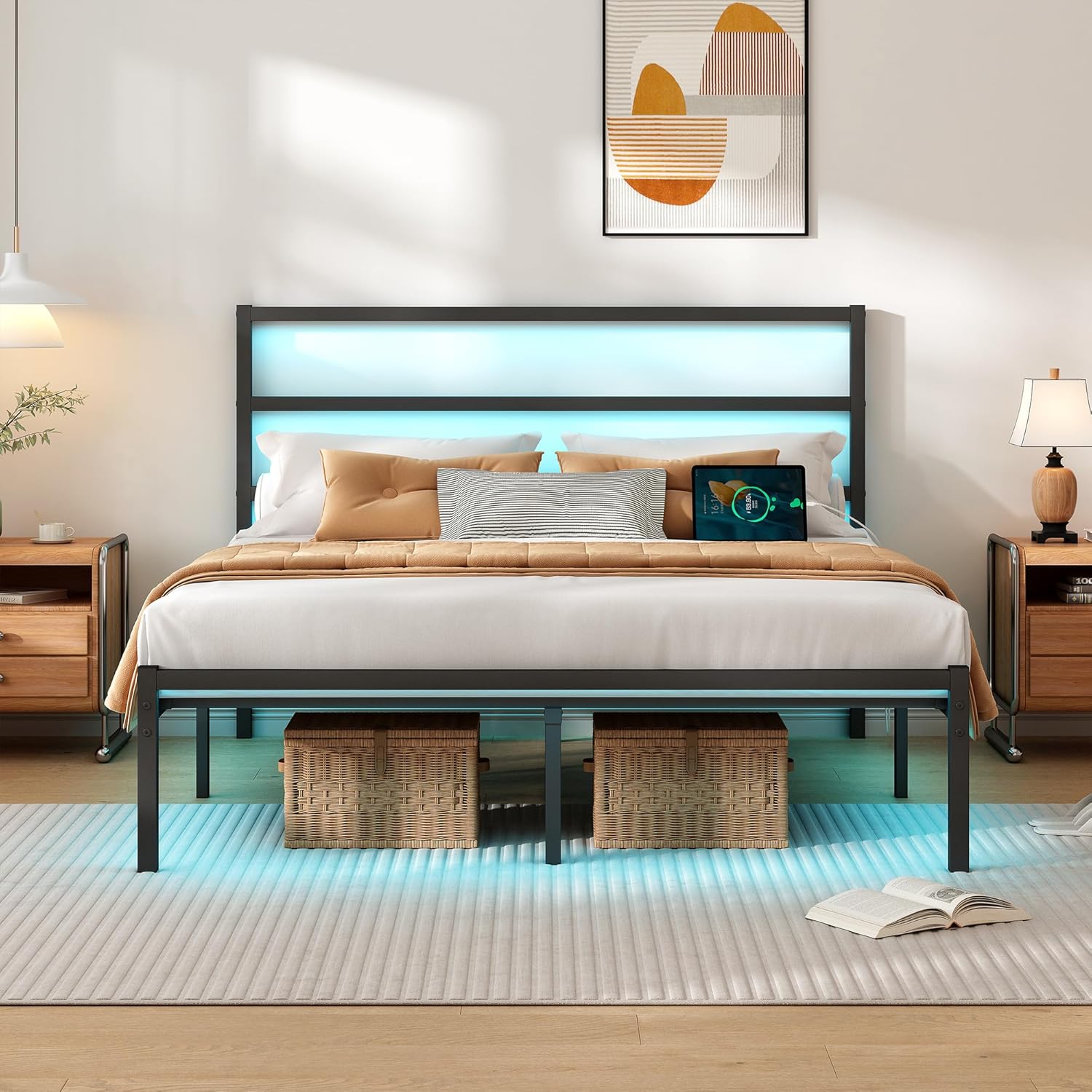 Full Size Bed Frame with Headboard,Heavy Duty Steel Slats Support-LED Bed Frame with USB Charging Station,Metal Platform Bed Frame-Under Bed Storage, No Box Spring Needed, Noise Free，Black
