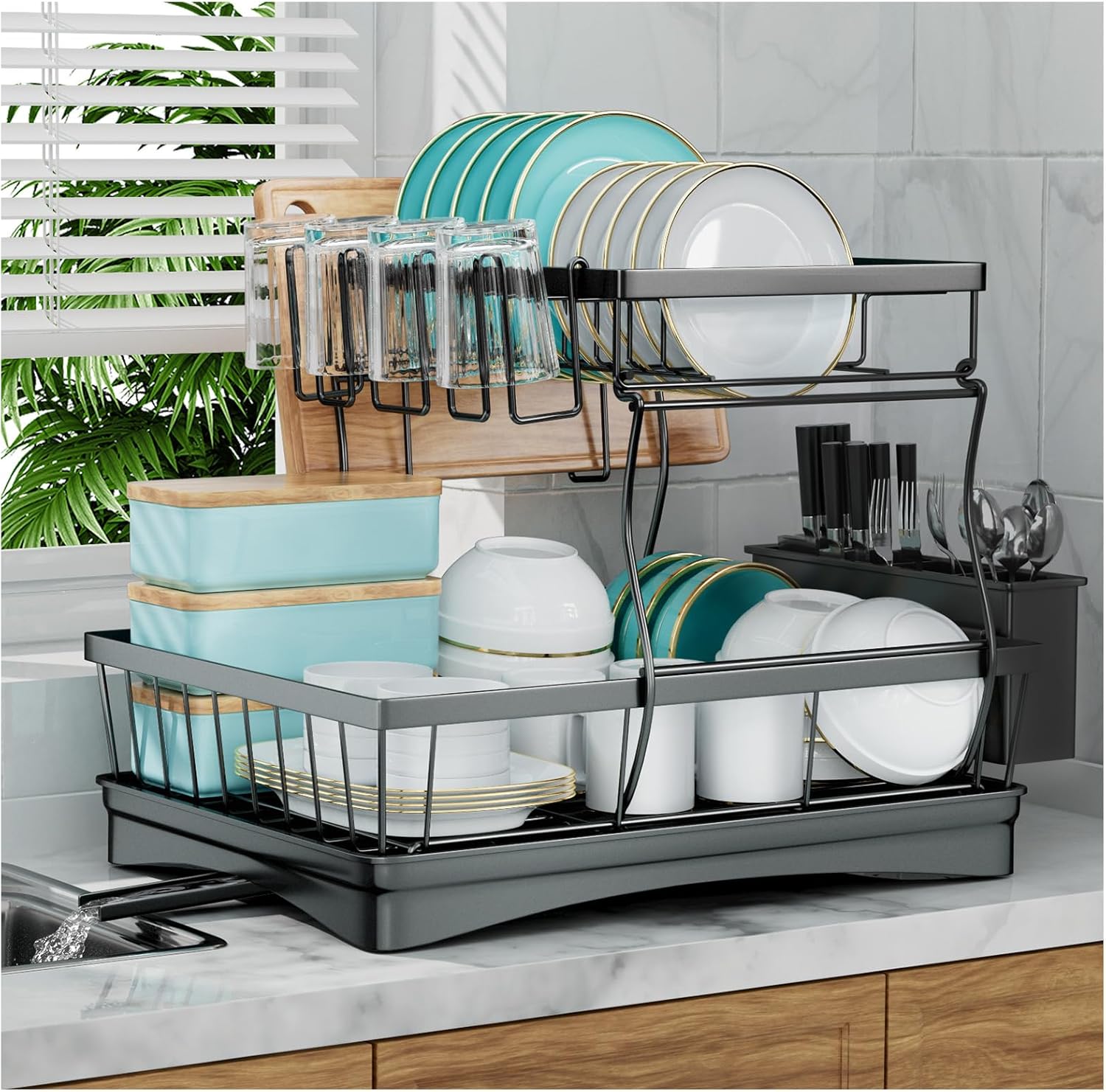 7 code Dish Drainer, Large Capacity Draining Board Rack with Utensil Holder, 2-Tier for Kitchen Counter, Black