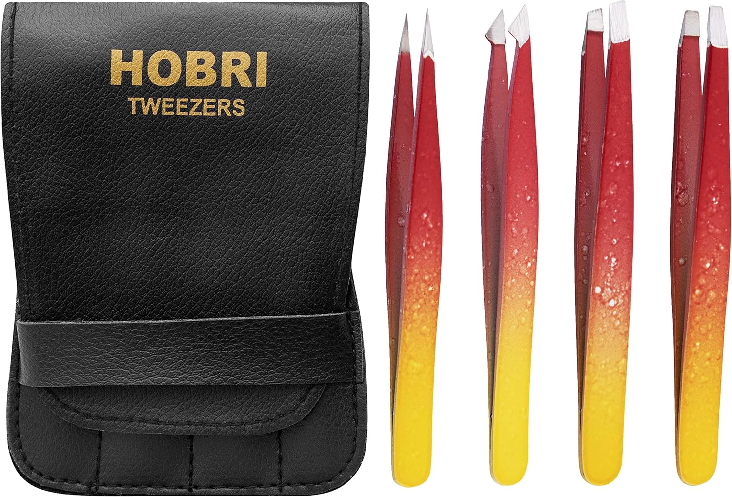Tweezers Set, Eyebrows Tweezers Set Professional Stainless Steel Tweezers Set - 4 Pieces with Leatherette Travel Case Perfect for Facial Hair, Beauty and Personal Care Tool (Red/Yellow)
