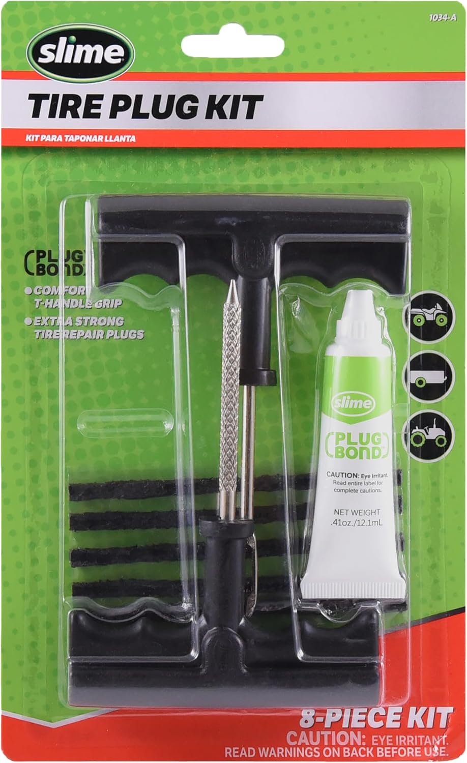 Slime 1034-A Tire Repair Reamer Plug Kit, Medium Heavy Duty Strings, T Handle Type and Plug Bond, 8 Piece Set