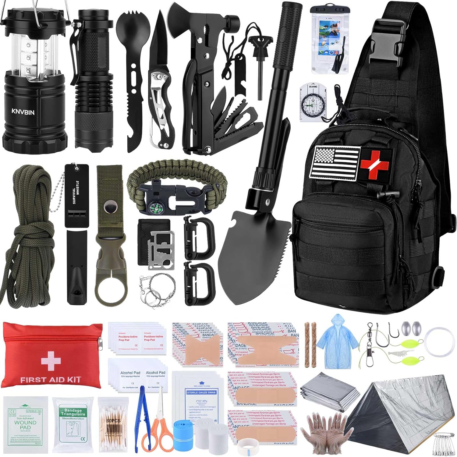 Survival First Aid Kit with Molle Crossbody Bag & Emergency Tent, 250pcs Survival Tools Tactical Gear and Trauma Bag, for Earthquake, Bug Out, Outdoor Adventure