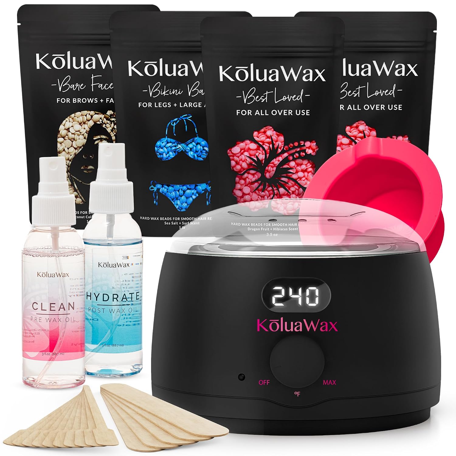 KoluaWax Waxing Kit Hair Removal For Men & Women Beginner Friendly - Black