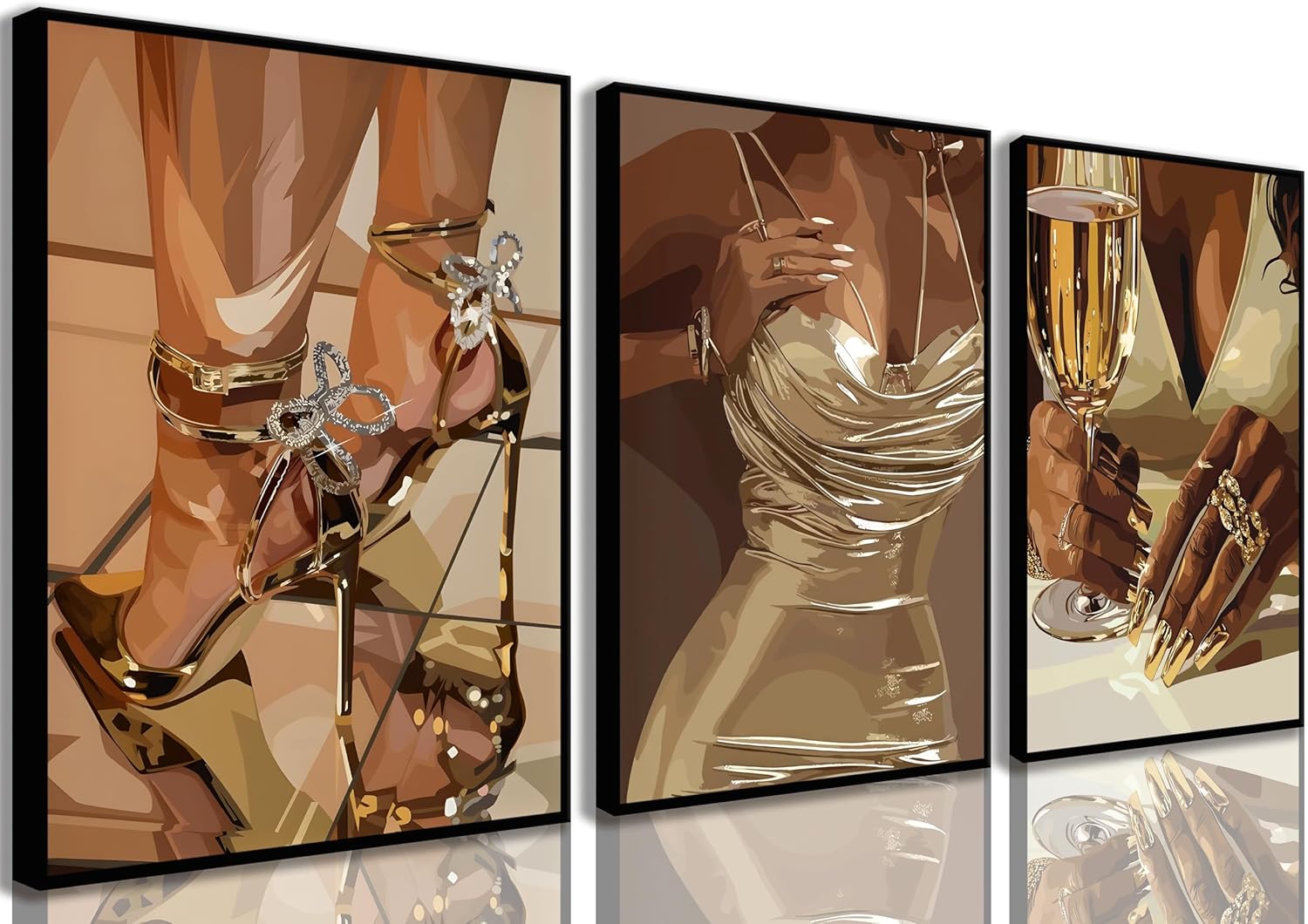 3Pcs Black Woman Wall Art African American Woman Wall Decor Boho Black Girl Prints Posters Fashion Black Lady People Canvas Paintings Pictures for Living Room Bedroom Unframed