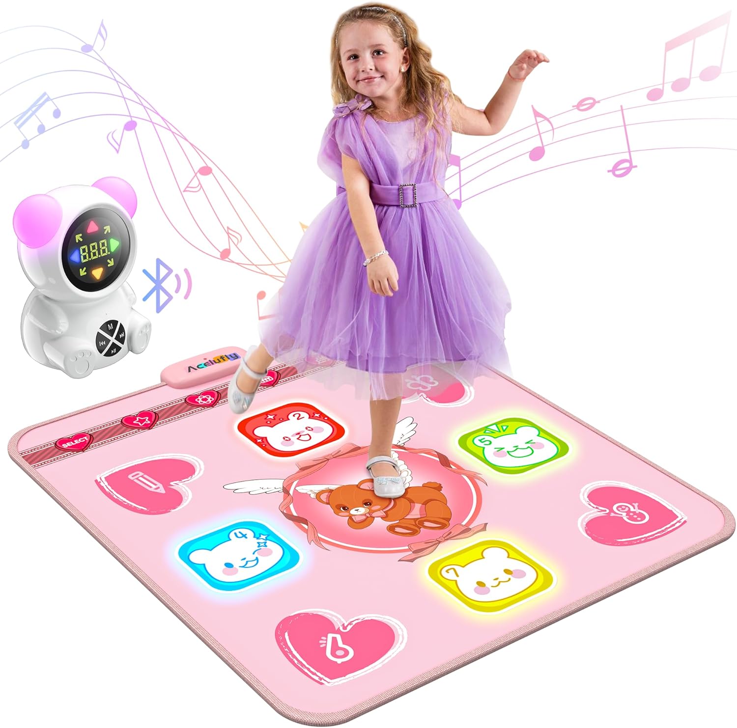 Rechargeable Dance Mat Toys for Girls, Light Up Dance Pad with Wireless Bluetooth, 5 Game Modes, Adjustable Volume & LED Lights, Xmas B-Day Gifts for 3-12 Years Old Kids (Pink)