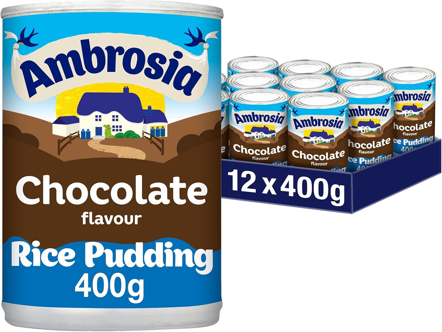 Ambrosia Chocolate Rice Pudding Cans, Creamy Ready-to-Eat Dessert, 400 g (Pack of 12)