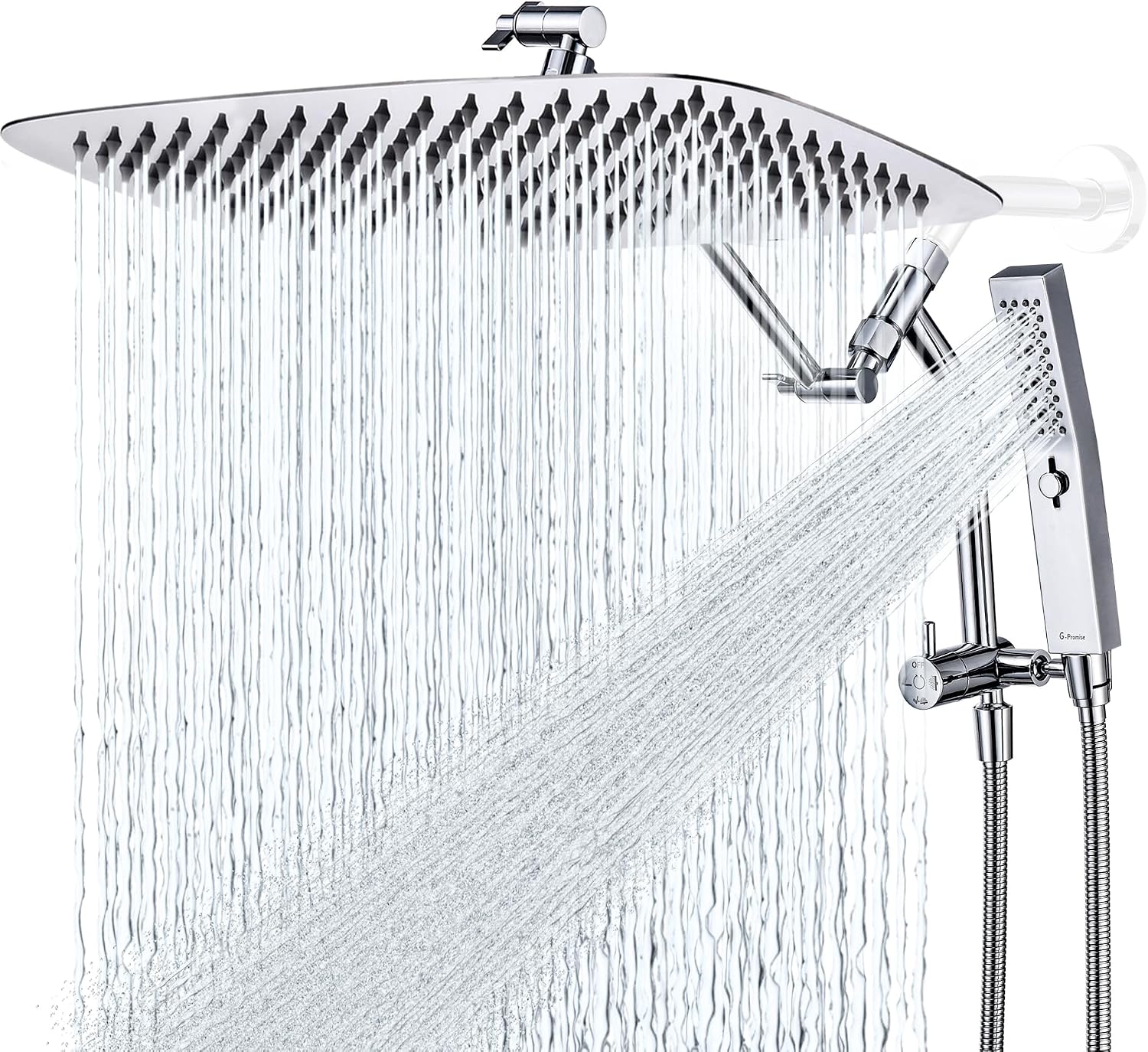 G-Promise All Metal 16 Inch Shower Head with Massage Mode Handheld, Rain Shower Head with Handheld Spray Combo, 3-Way Diverter with Pause Setting, 12 Inch Adjustable Extension Arm (Chrome)
