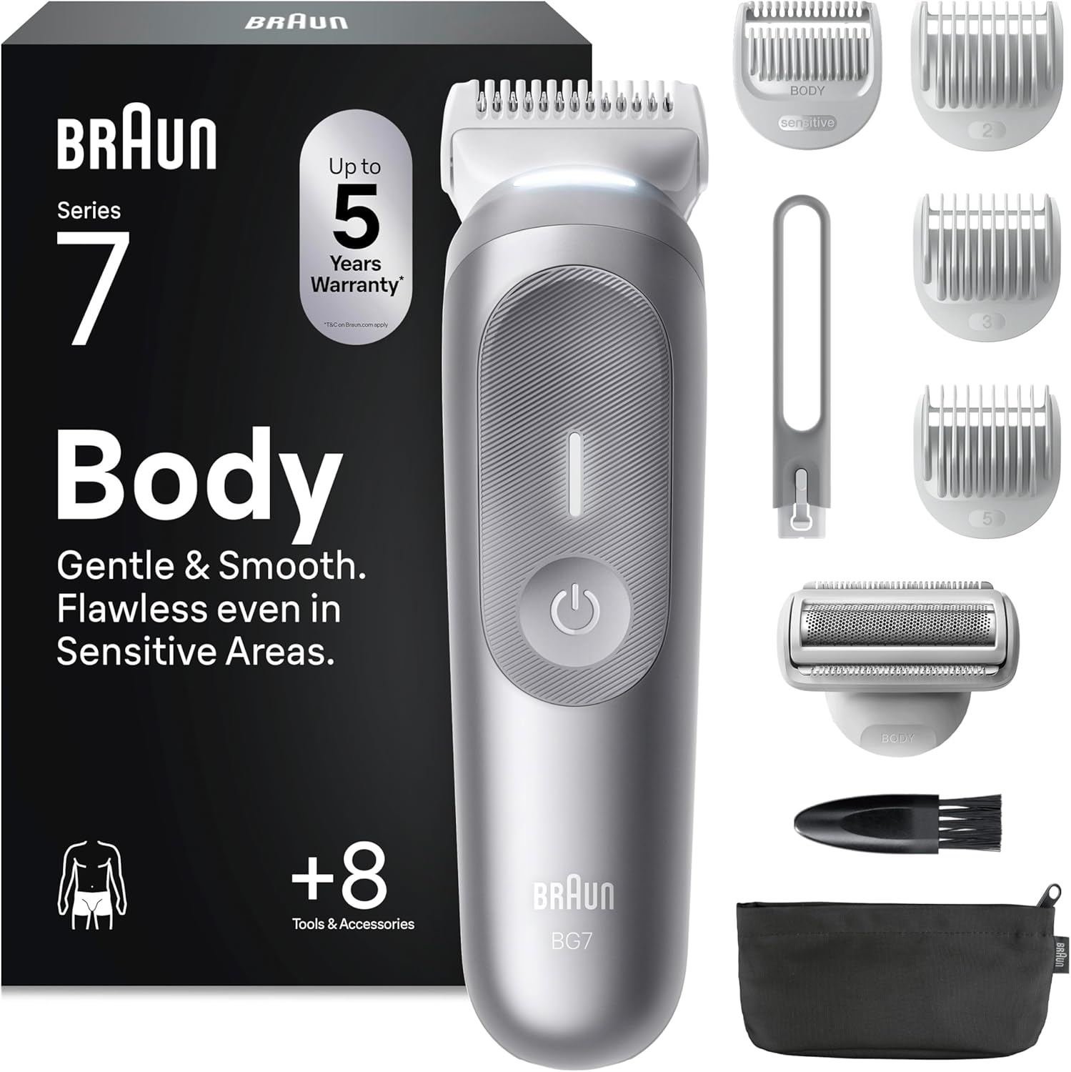 Braun Series 7 Body Groomer for Men, Body & Pubic Hair Trimmer with Smartlight & SkinGuard, 8-in-1 Grooming Kit, Waterproof Electric Shaver for Sensitive Areas, 100 Min Runtime, BG7555 Grey