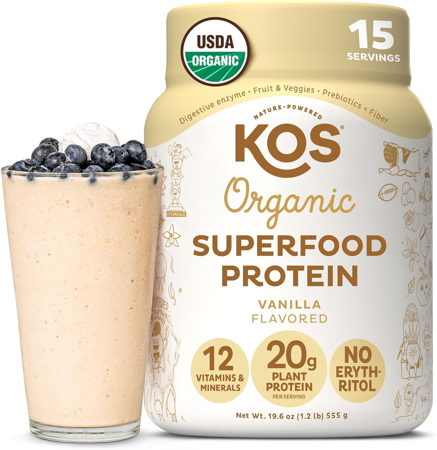 KOS Vegan Protein Powder Erythritol Free, Vanilla - USDA Organic Pea Protein Blend, Plant Based Superfood Rich in Vitamins & Minerals - Keto, Dairy Free - Meal Replacement for Women & Men, 15 Servings