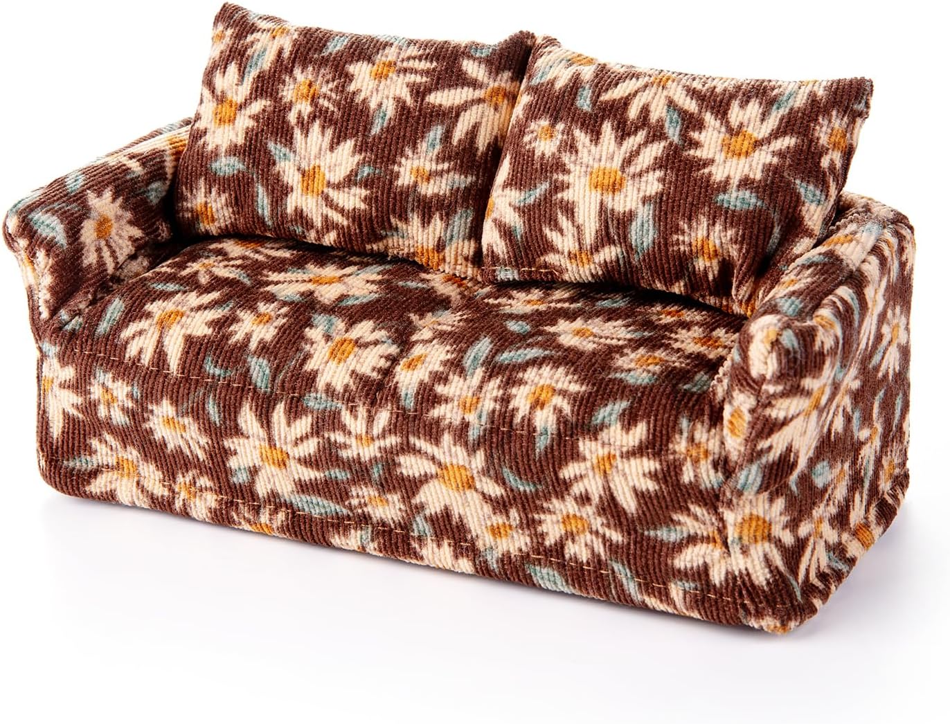 1:12 Dollhouse Wooden Couch Furniture Set, Fabric Removable Retro Double Sofa with Pillows. Antique Cottage-Style Miniature Dollhouse Furniture Accessories for Living Room (Coffee Brown)