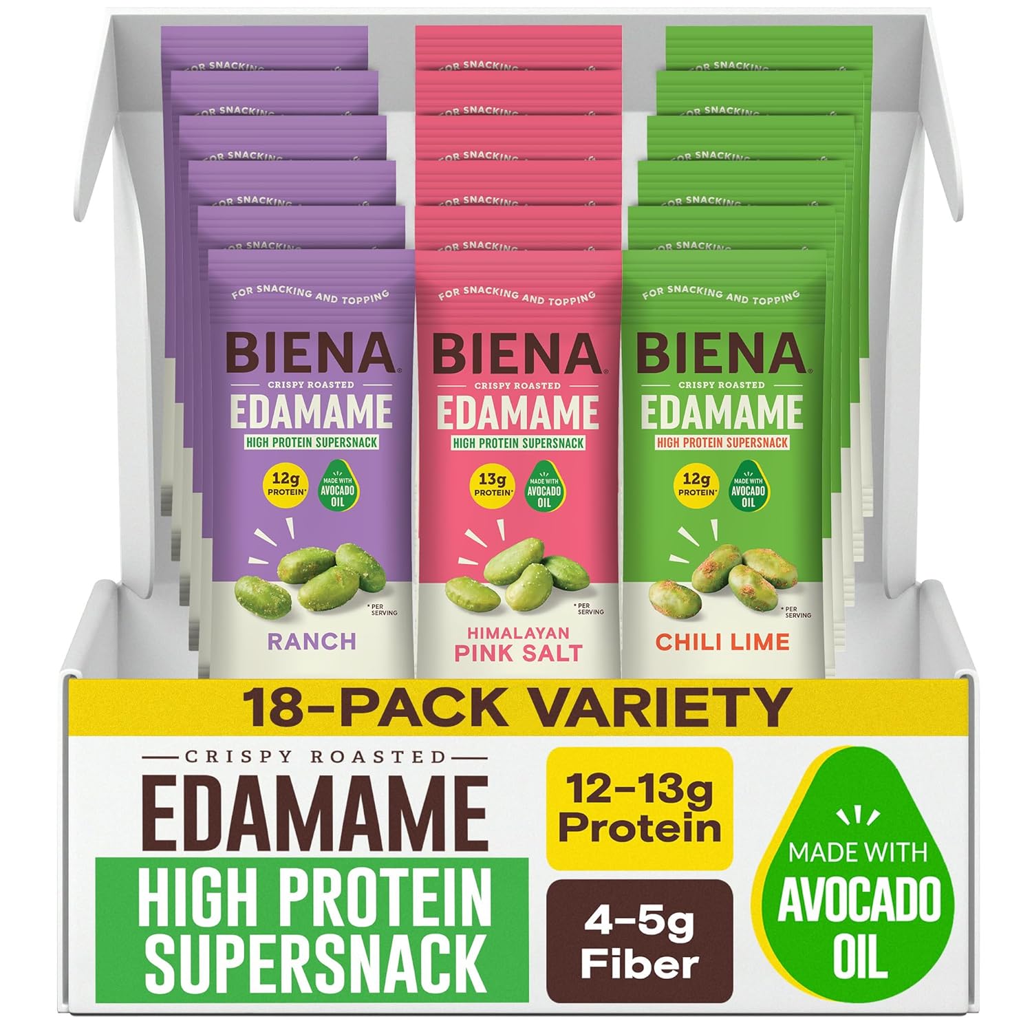 Biena Edamame Beans Snack High Protein Snacks – Healthy Office Snacks For Adults and Kids, 12g of Protein, 130 Low Calorie, Crunchy Edamame, Vegan, Low Carb, Gluten-Free 18 pk