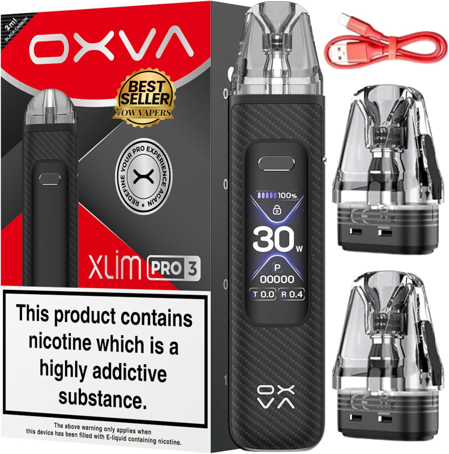Oxva Xlim Pro 3 Vape Pod Kit - 1500mAh & 2A Fast 30 Minute Charging, 5-Day Use, 10 Colours, Built In Battery Pods, Xlim Pods Compatible, Refillable, No Nicotine (Black Carbon)