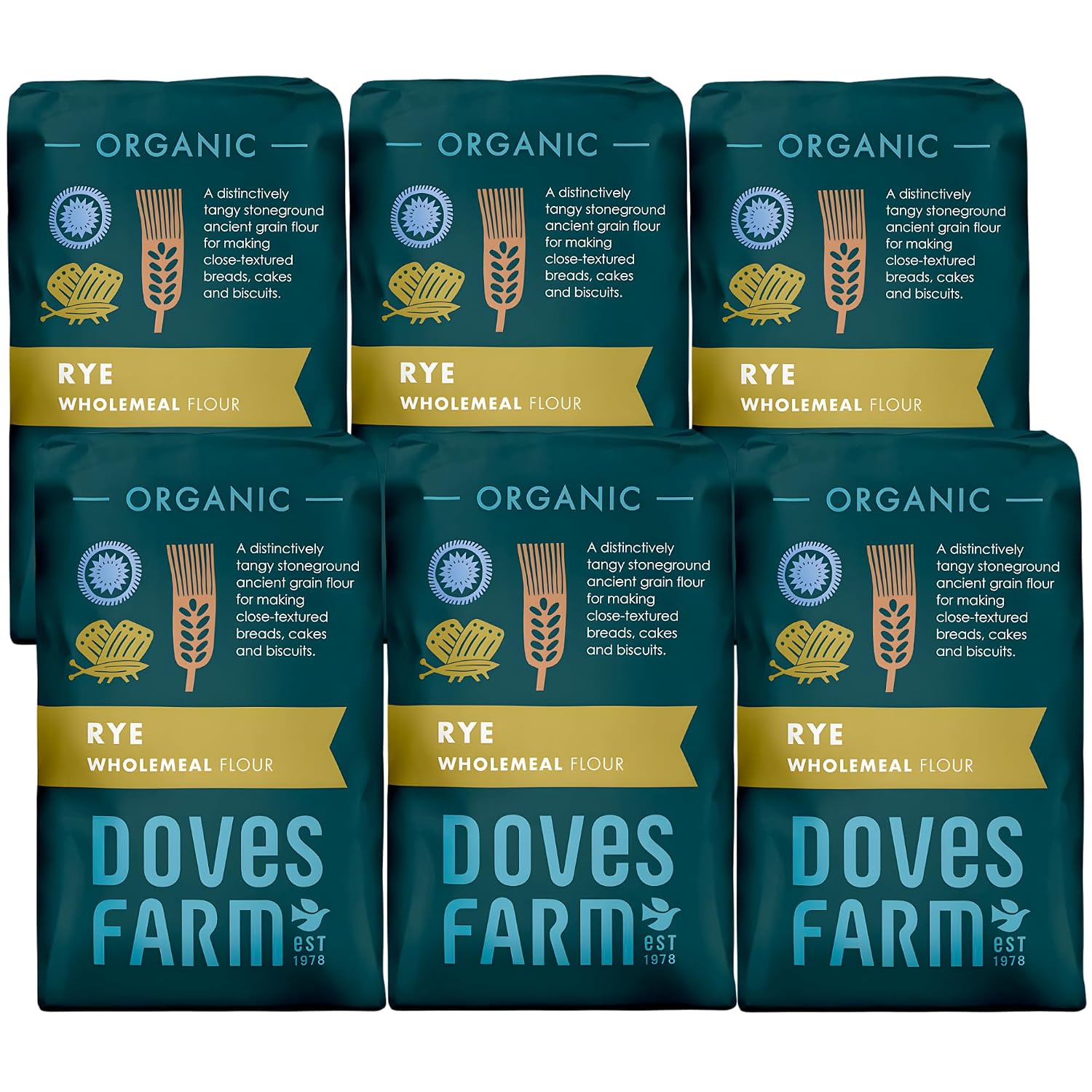 Doves Farm Organic Stoneground Wholemeal Rye Flour 2.2 lb (Pack of 6) - High Fiber Ancient Whole Grain Dark Rye Flour for British Baking Breads, Cakes & Biscuits | Kosher & Vegan | Imported from UK