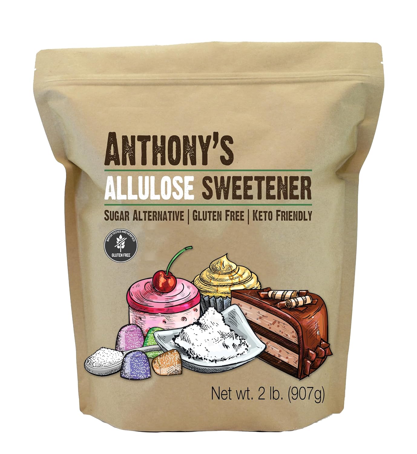 Anthony's Allulose Sweetener, 2 lb, Batch Tested Gluten Free, Keto Friendly Sugar Alternative, Zero Net Carb, Low Calorie
