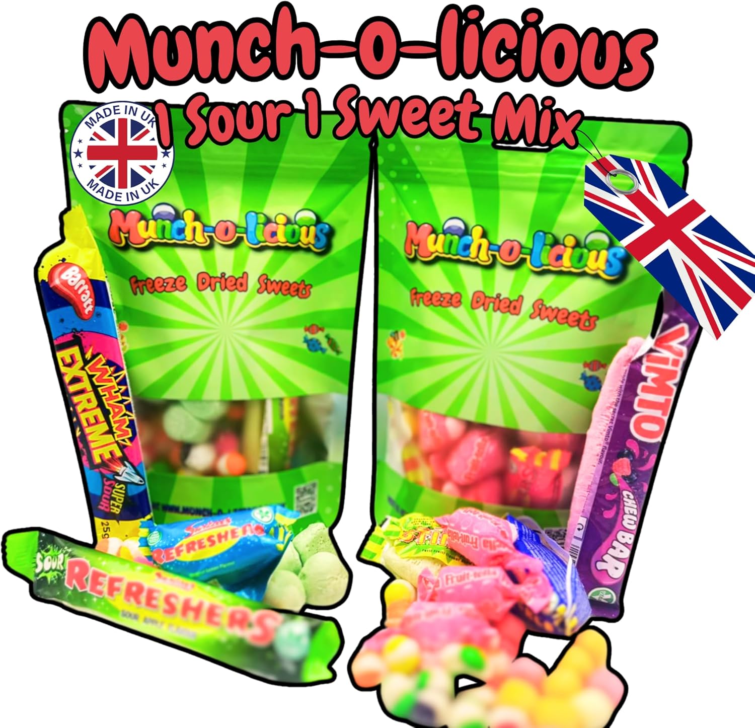 Munch-o-licious Freeze Dried Candy 1 Sweet Mix & 1 Sour Mix -Sweet Vegan & Halal Pick and Mix Sweets - Perfect TikTok Gift - Fun Christmas Treat - American Sweets Delight - Ideal for Kids