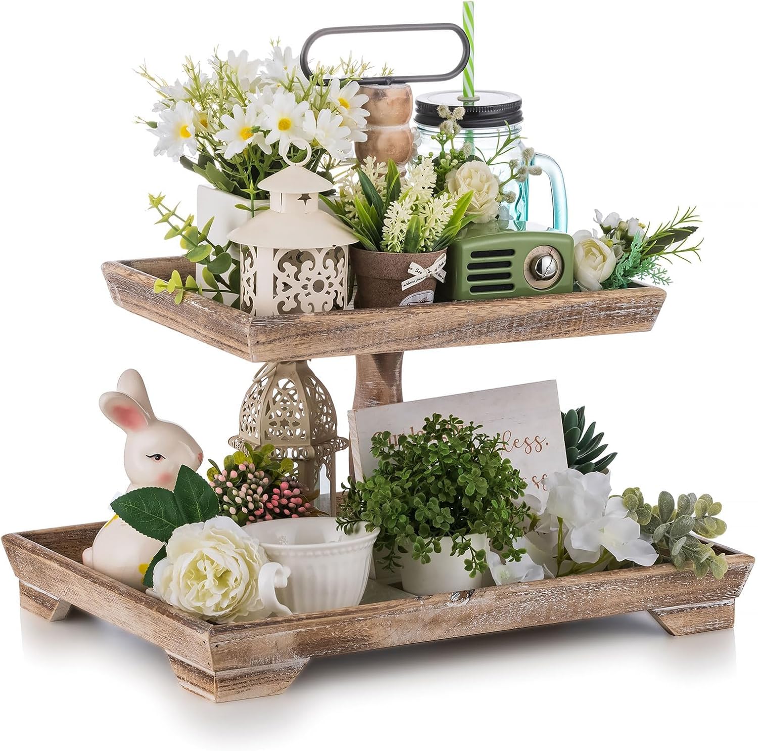 Hanobe Wooden Tiered Tray Decor: Rustic Wood 2 Tier Stand Farmhouse Decorative Tray Rectangle Wooden for Kitchen Counter Centerpieces Coffee Bar Easter Fall Halloween Thanksgiving Christmas