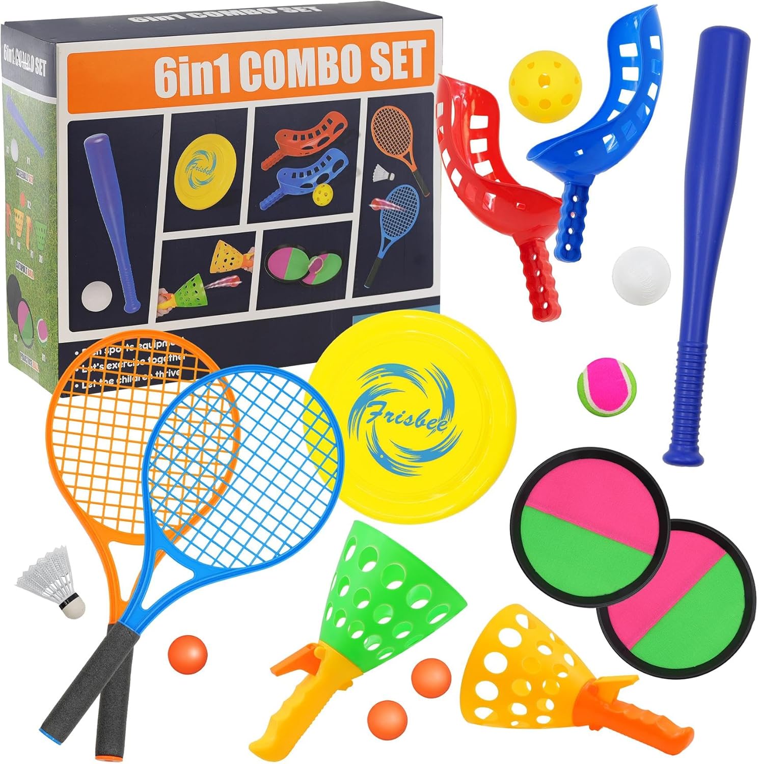 The Magic Toy Shop 6 Games in 1 Sports Set – 19 Pcs Bat, Racket, Toss, Catch, Ball & Frisbee, Indoor Outdoor Play – Lightweight, Builds Motor & Social Skills – Families, Camping, Beach, Garden & Park