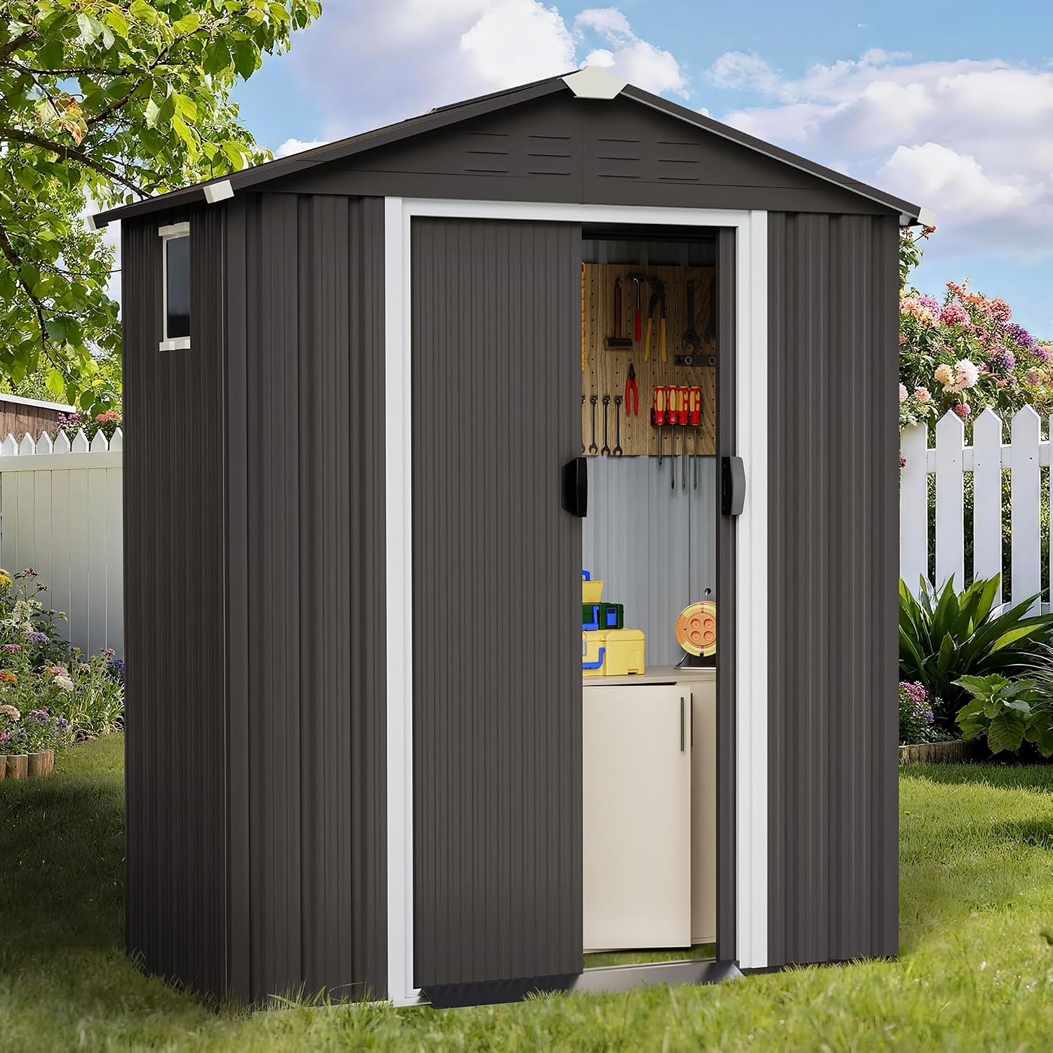 Shintenchi 5x3 FT Outdoor Storage Shed with Window, Lockable Outdoor Waterproof Tool Storage Sheds, Weather Resistant Tool Storage House Shed for Garden, Backyard, Patio Utility Tool Storage,Dark Gray