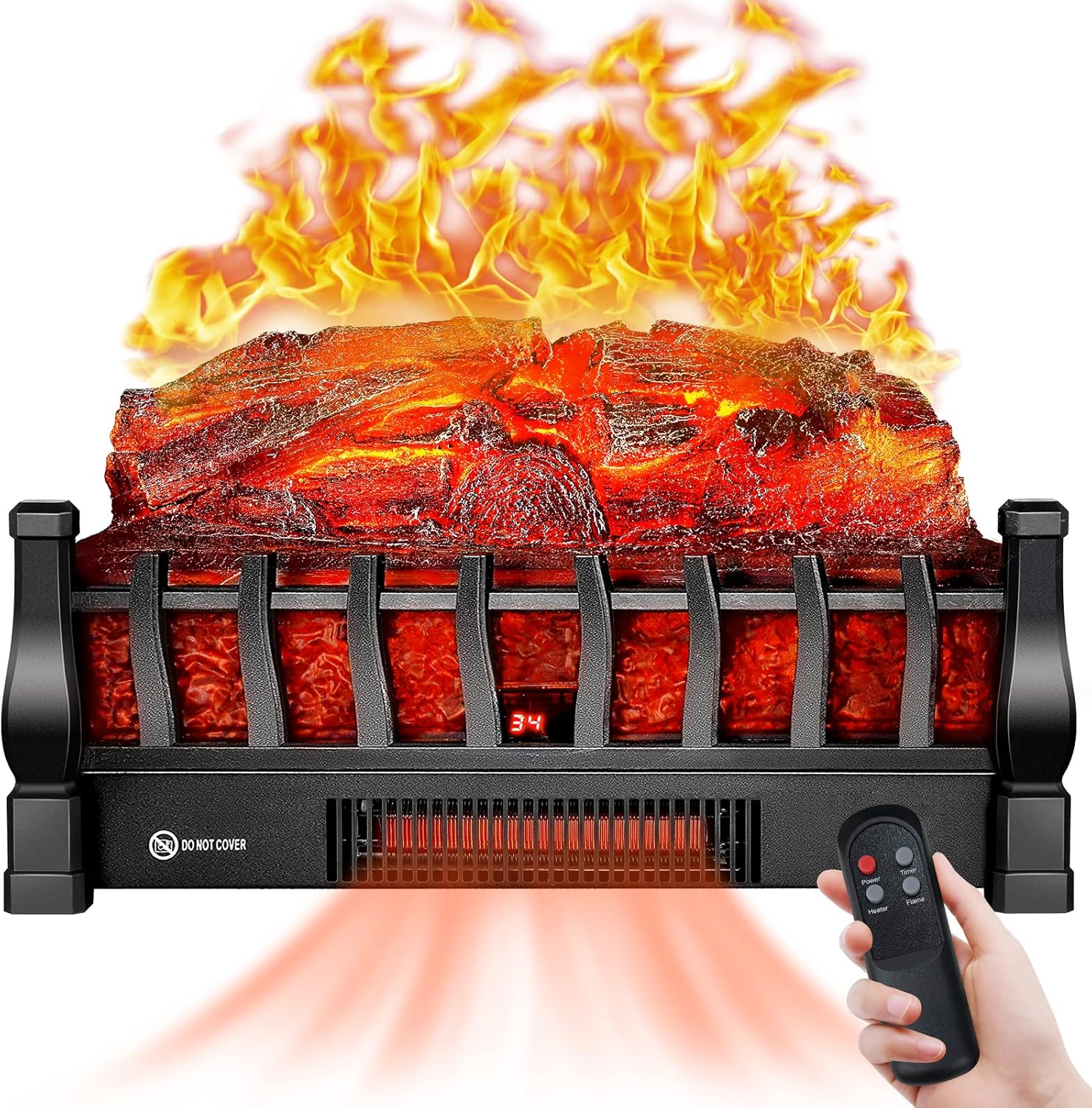 Electric Fireplace Logs Inserts Heater with Infrared Remote Controller 5 Flame Brightness 24 H Timer Overheating Protection for Home and Office Decor Black