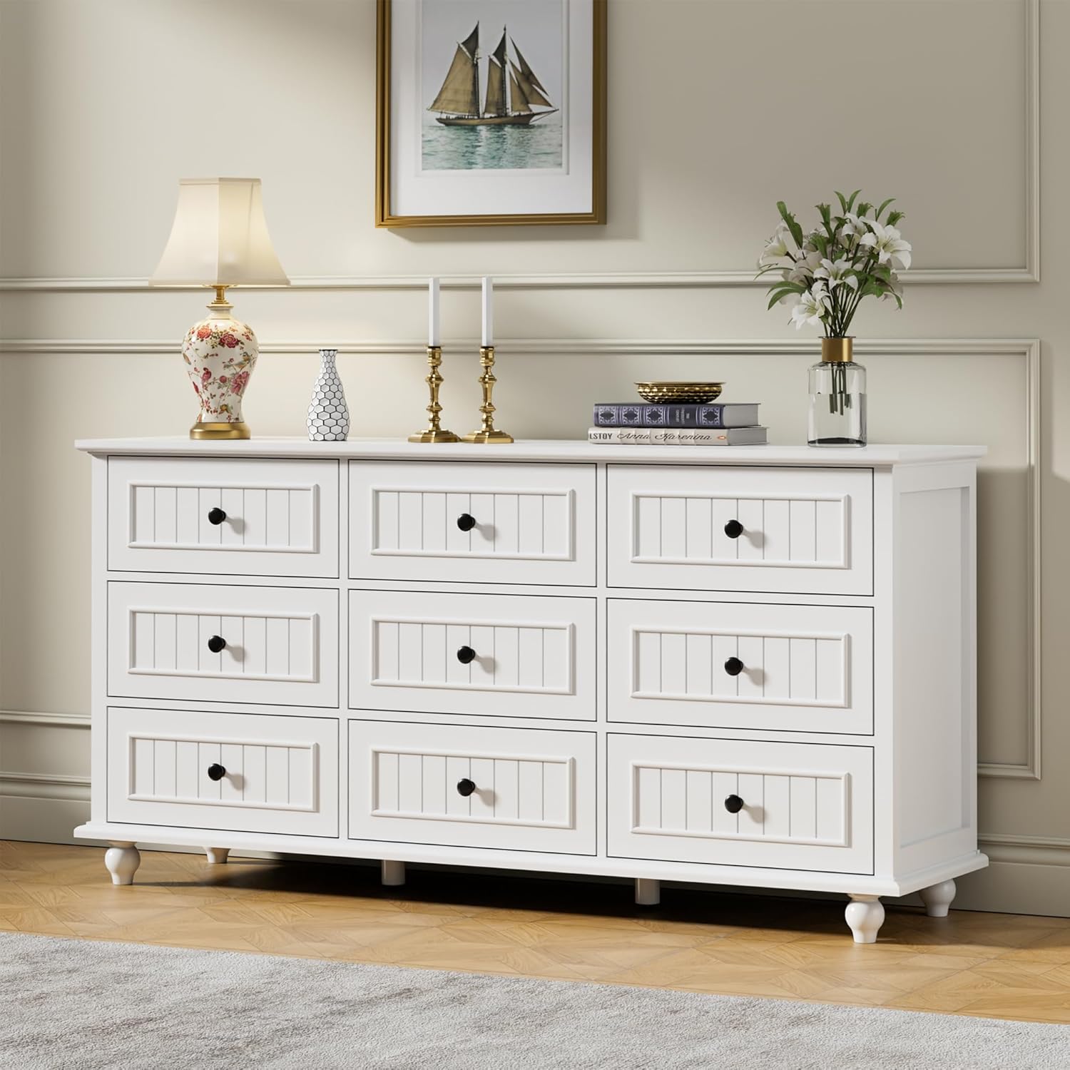 Scurrty White 9 Drawer Dresser, Antique Chest of Drawers,Large Cabinet with Storage, Big Dresser for Clothes in Bedroom, Living Room