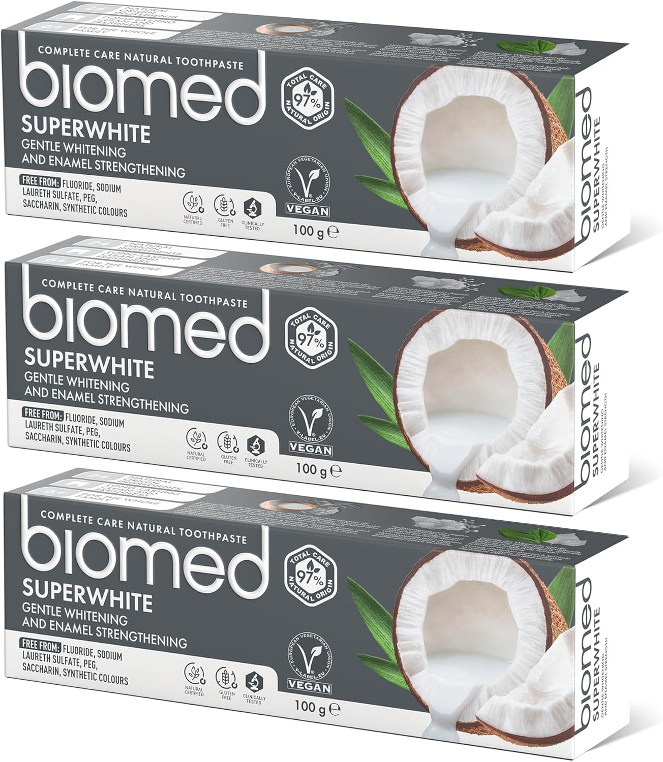 Biomed Superwhite 97% Natural Whitening Toothpaste | Enamel Strengthening | Coconut Flavour, Vegan, SLES Free 100g (Pack of 3)