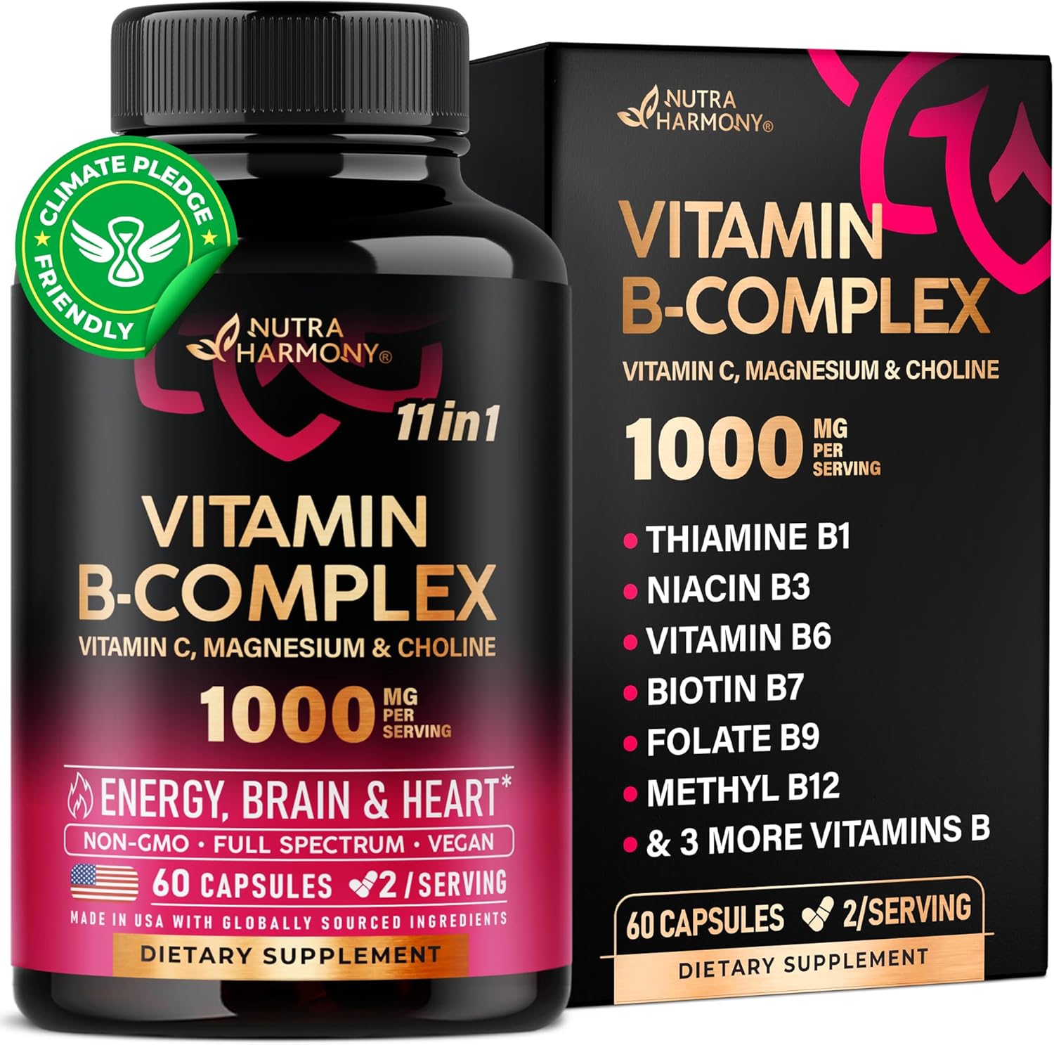 Vitamin B Complex for Men & Women - Made in USA - 11-in-1 B-Complex: B1, B2, B3, B5, B6, B7, B8, B9, B12 with Vitamin C, Choline, Inositol - Energy, Brain & Heart Support Supplement, 60 Vegan Capsules
