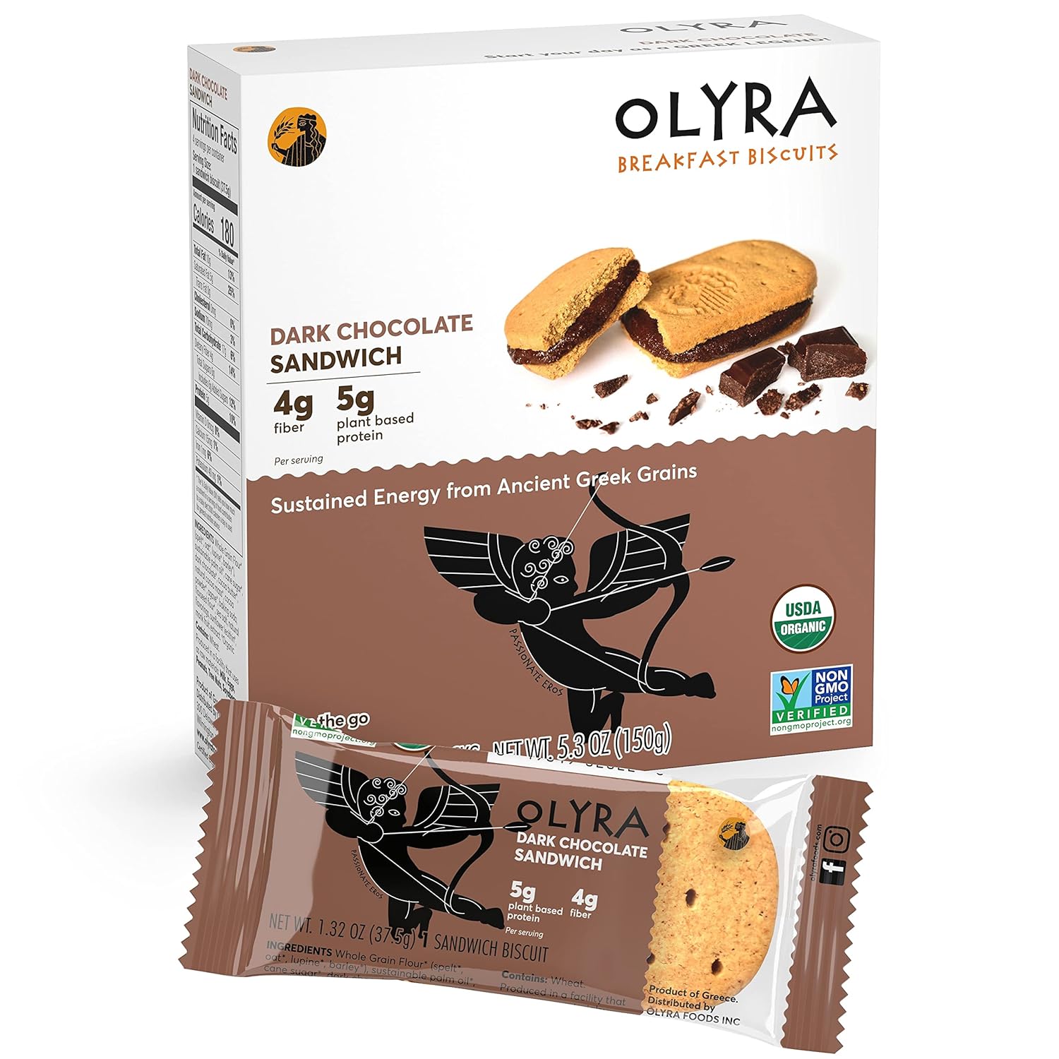 Olyra Organic Breakfast Biscuit Sandwiches | Dark Chocolate | Kids Healthy Snacks, Low-Sugar, High Fiber | 4 Count (Pack of 1)