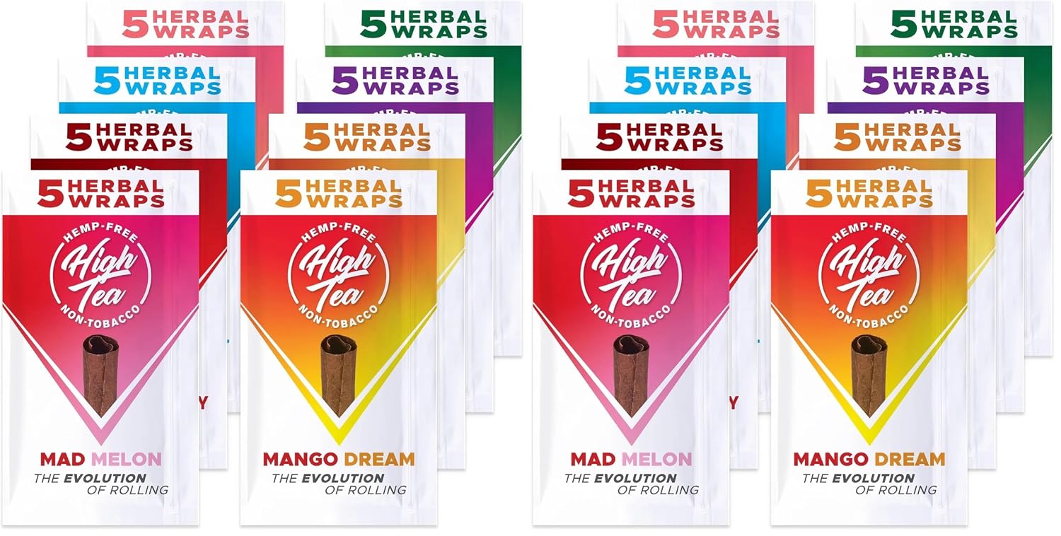 High Tea - All Natural Herbal Smoking Wraps - Variety Pack (All Flavors) - Peach, Strawberry, Honey, Melon, Mango, Sweet, Grape, Apple incl Frugal Smoker Sticker (Pack of 2)