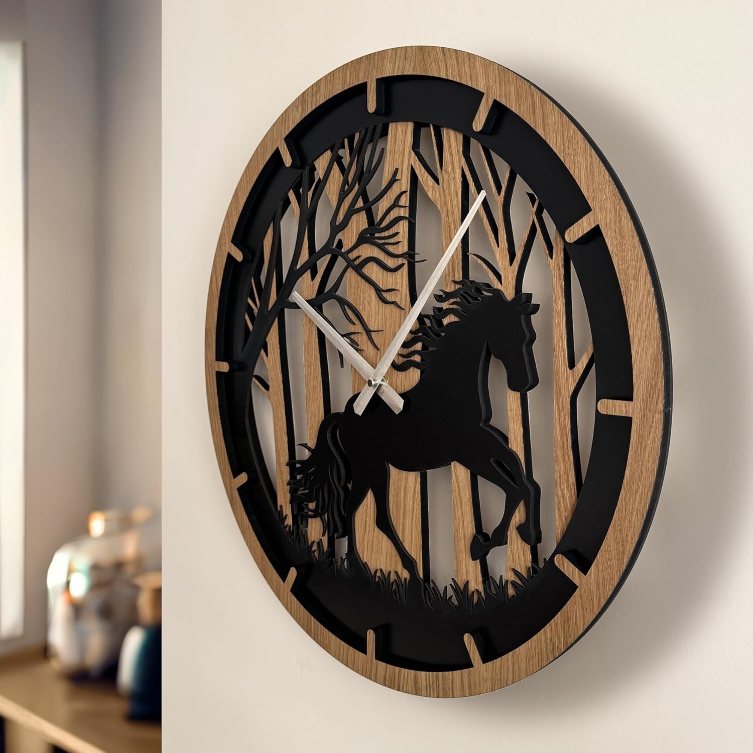 Horse Wall Clock, Large Wooden Battery Operated Modern Farmhouse Decor, Oak Veneer Wood Panel, Living Room Decor (Horse in the Forest)