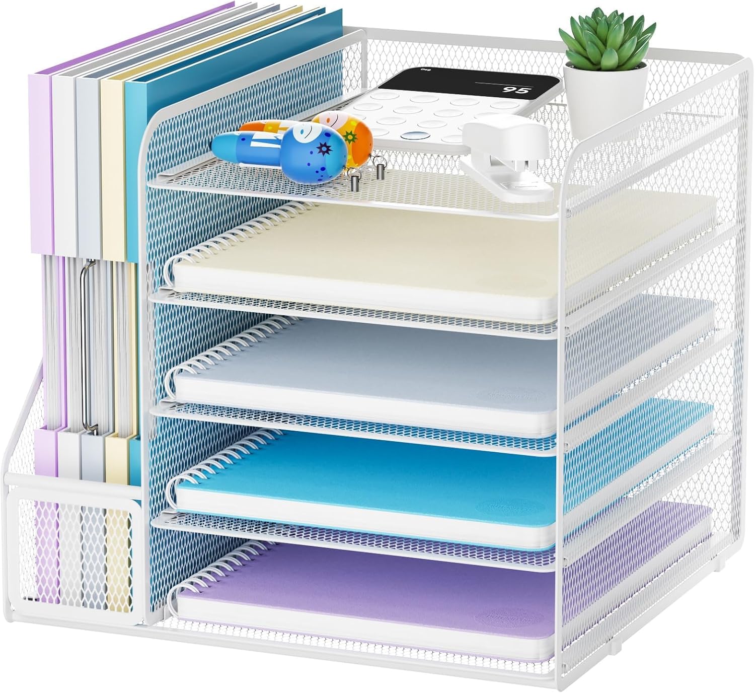 Marbrasse Desk Organizer and Office Accessories,5-Tier Paper Letter Tray Organizer with File Holder, Mesh Desktop Organiser for Desk, Office Supplies & Desk Tidy Organiser (White)