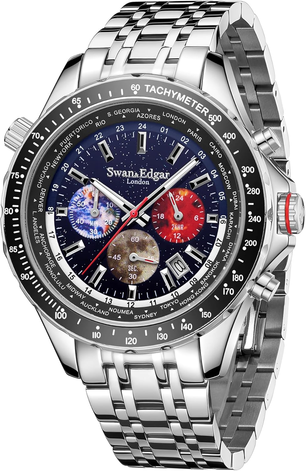 SWAN AND EDGAR World Timer Mechaquartz Chronograph Designer Watch for Men with Saphire Glass, Hand Assembled 30m Water Resistant Analogue Men's Watch with 5 Years Warranty