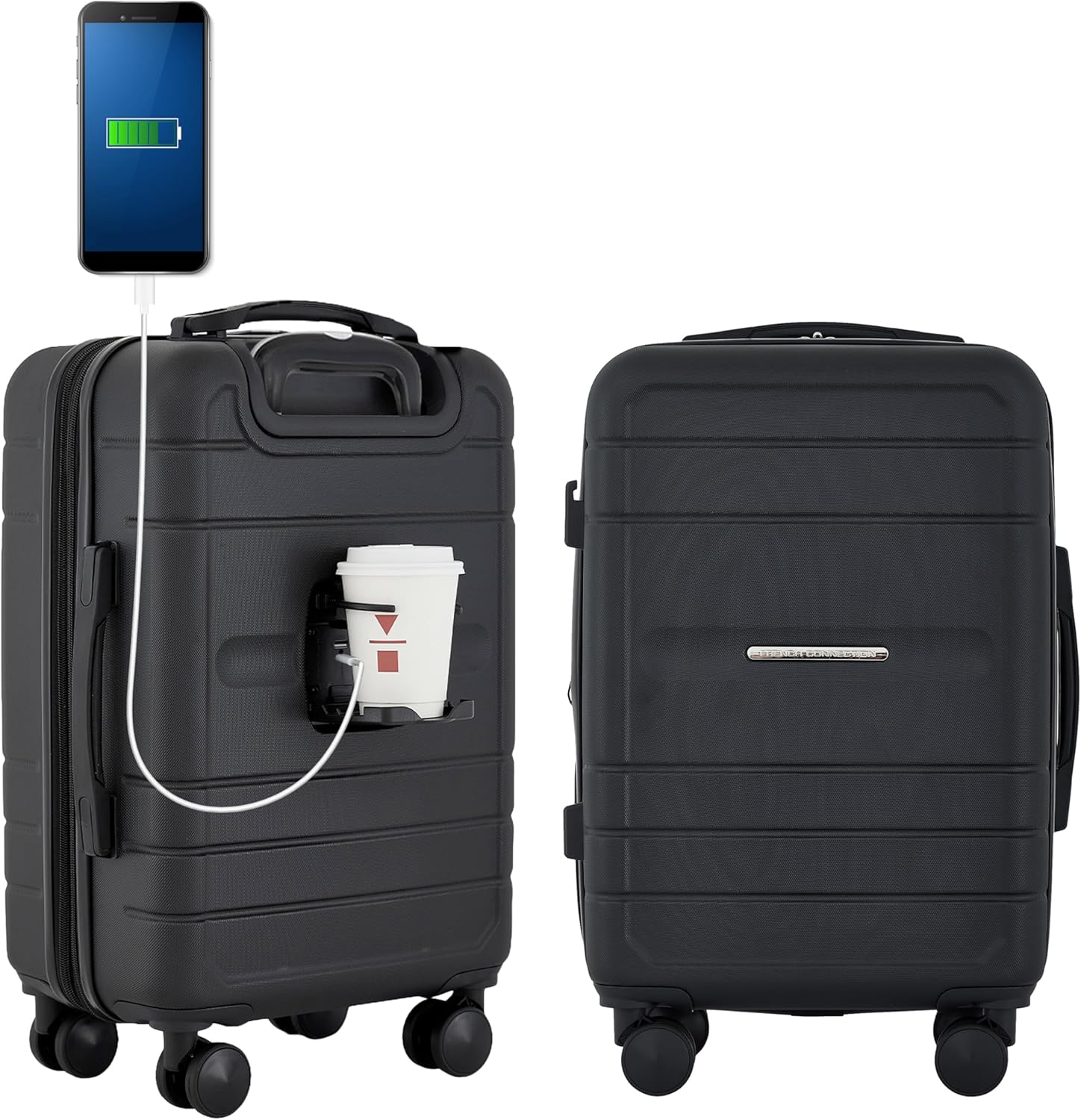 French Connection St. Martin Carry-On Luggage with Cup Holder/USB Ports, Black, 15.4 x 9 x 22 inches