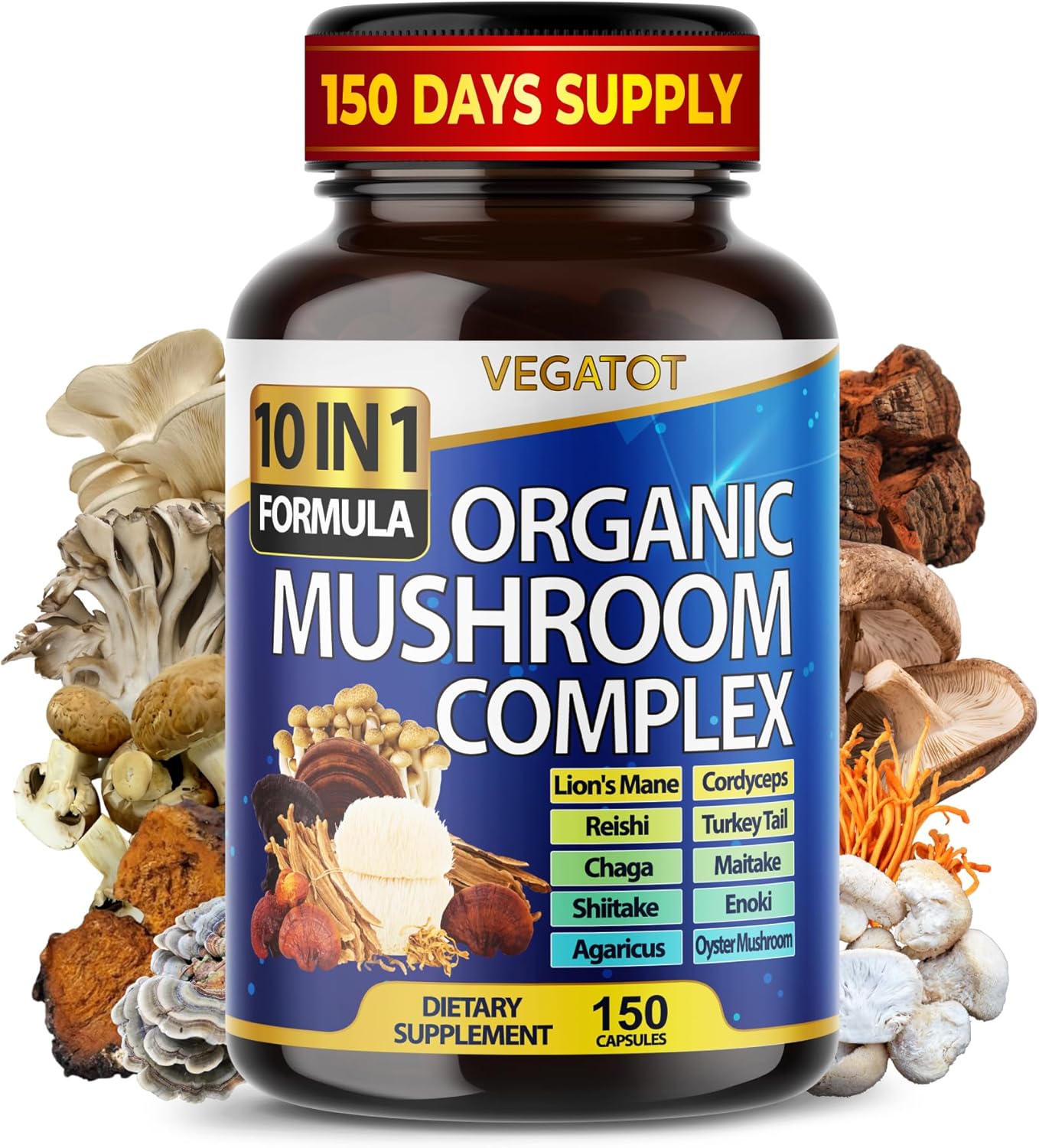 10 in 1 High Strength Mushroom Supplement 9,700MG - Lions Mane, Cordyceps, Reishi - Brain Supplements for Memory and Focus ** 5-Month Supply
