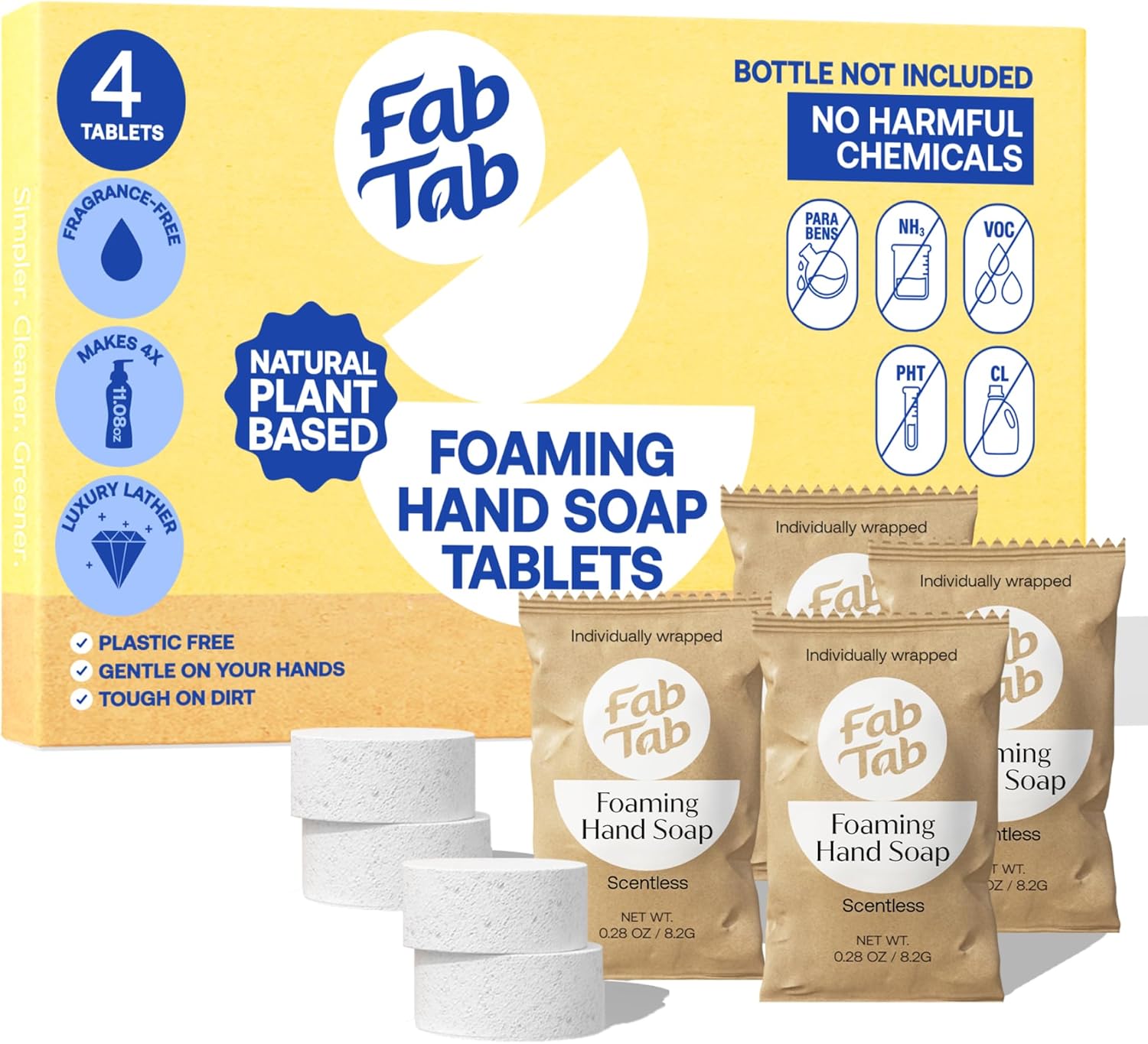 Fab Tab Foaming Hand Soap Kit - Natural Hand Soap - Bathroom Hand Wash - Plant-Based - No Harsh Chemicals - Scentless - 4 Pack. Makes 4 x 11.9 fl oz (Bottle Not Included)