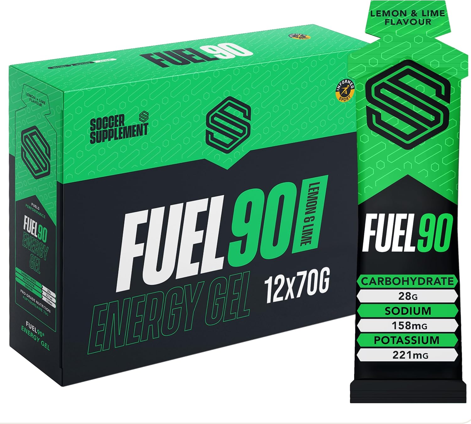 Soccer Supplement Fuel90 Quick Release Energy Gels (12 Pack), Electrolytes Sachets & Sports Gels with Carbohydrates, Lemon and Lime Flavour